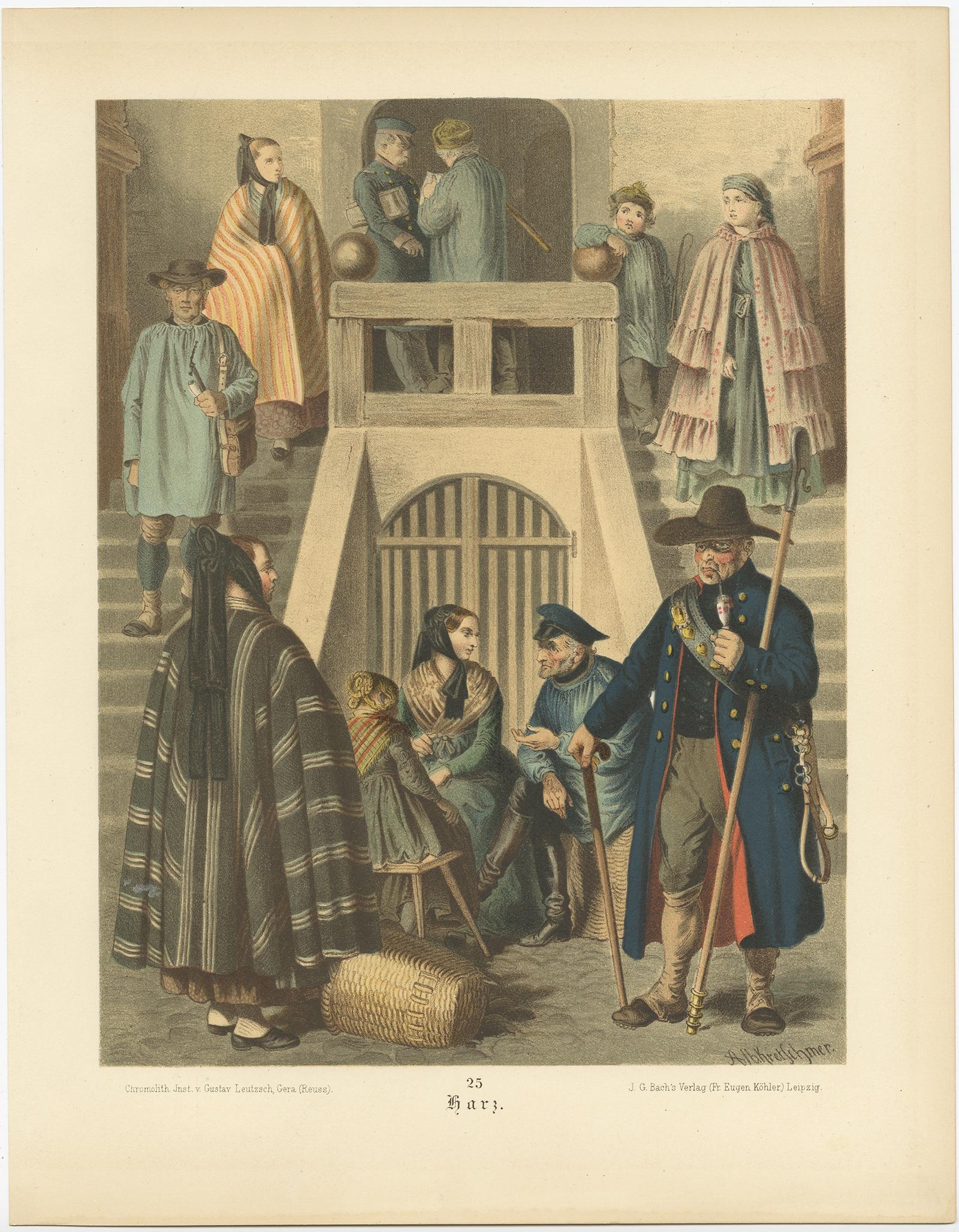 19th Century Antique Costume Print of People in the Harz Region in Germany, ca. 1890 For Sale