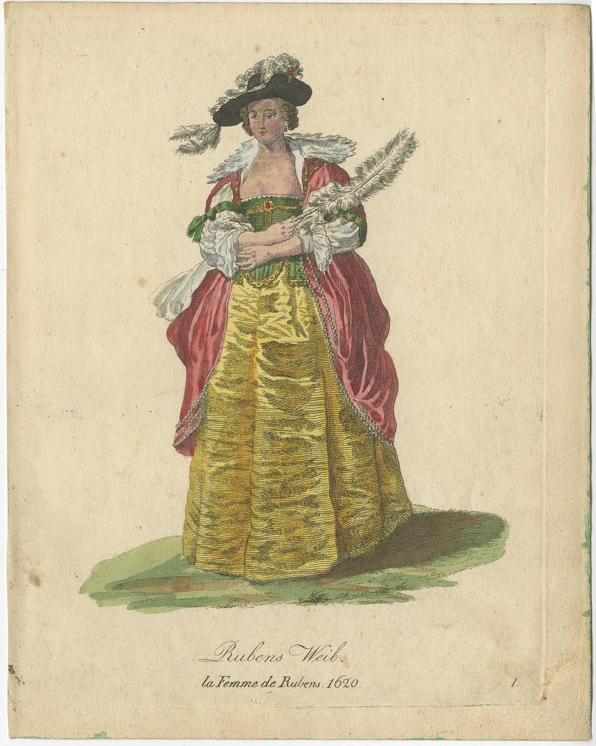 Antique Costume Print of Ruben's Wife in 1620, Published in 1805