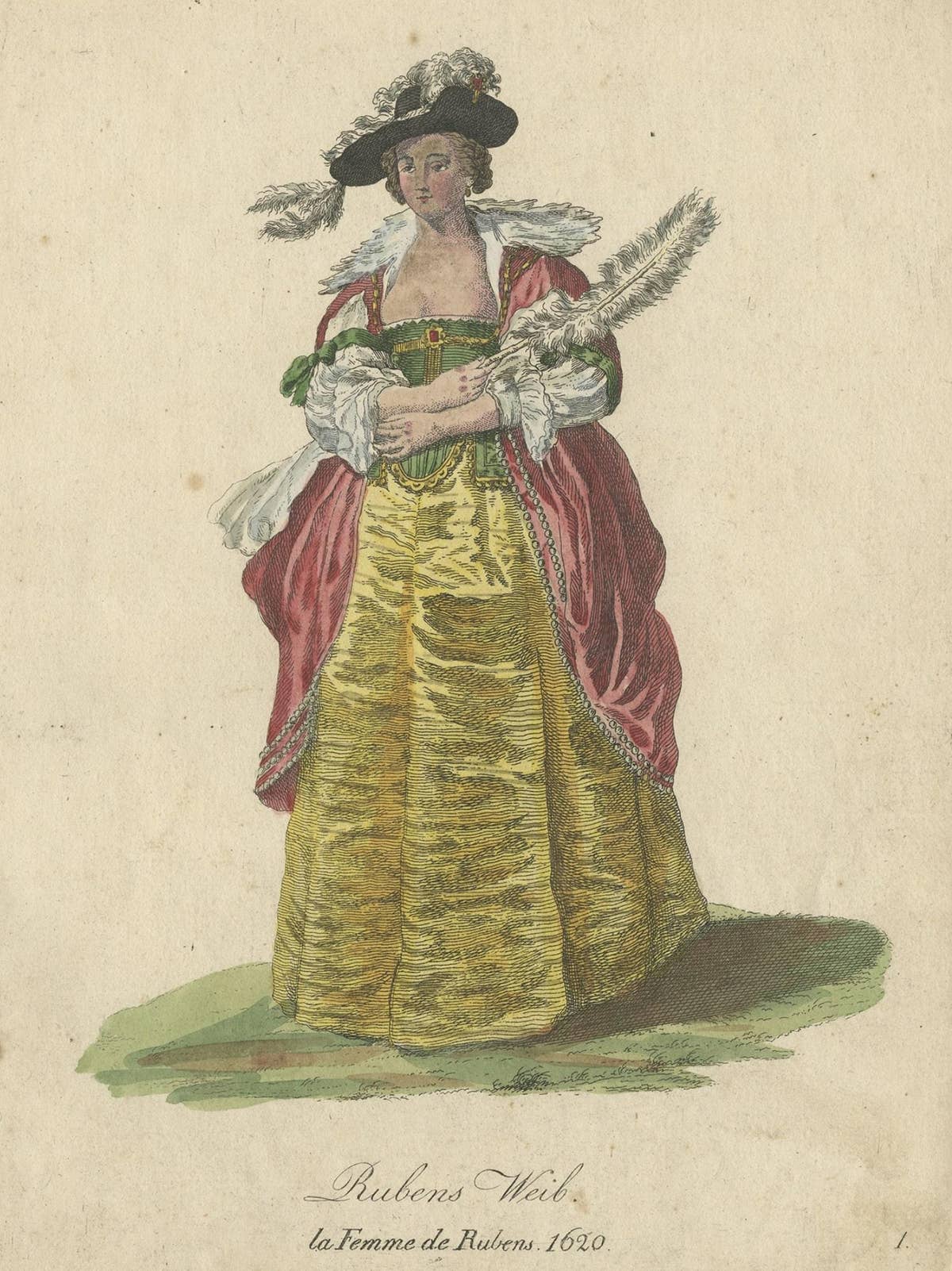 Antique Costume Print of Ruben's Wife in 1620, Published in 1805