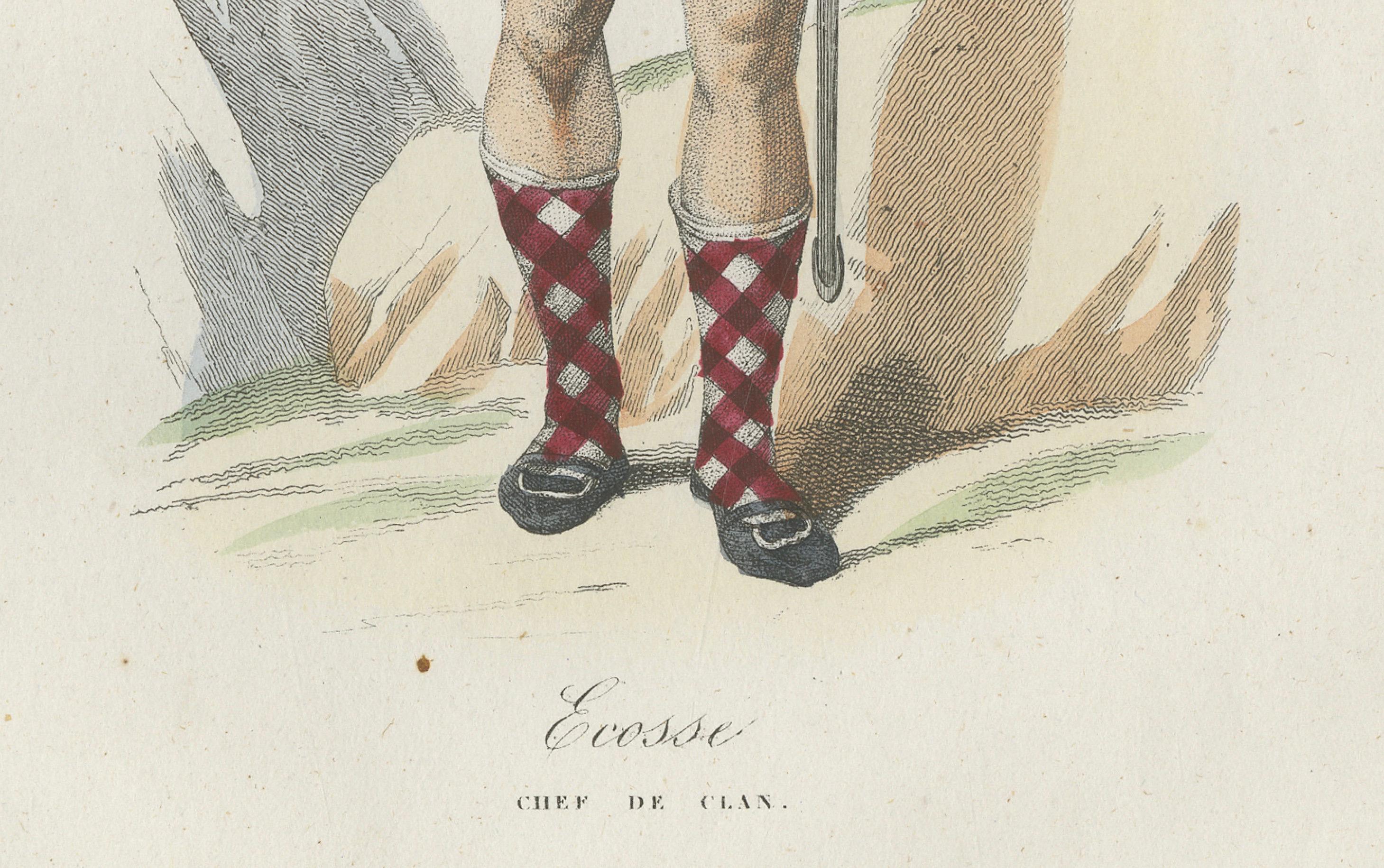 Antique Costume Print of Scottish Clan Chief in Highland Dress, 1854

This hand-colored lithograph, published in 1854 in Album des Voyages Anciens et Modernes by Martial Ardant Frères, portrays a “Chef de Clan” (Clan Chief) from Scotland. The figure