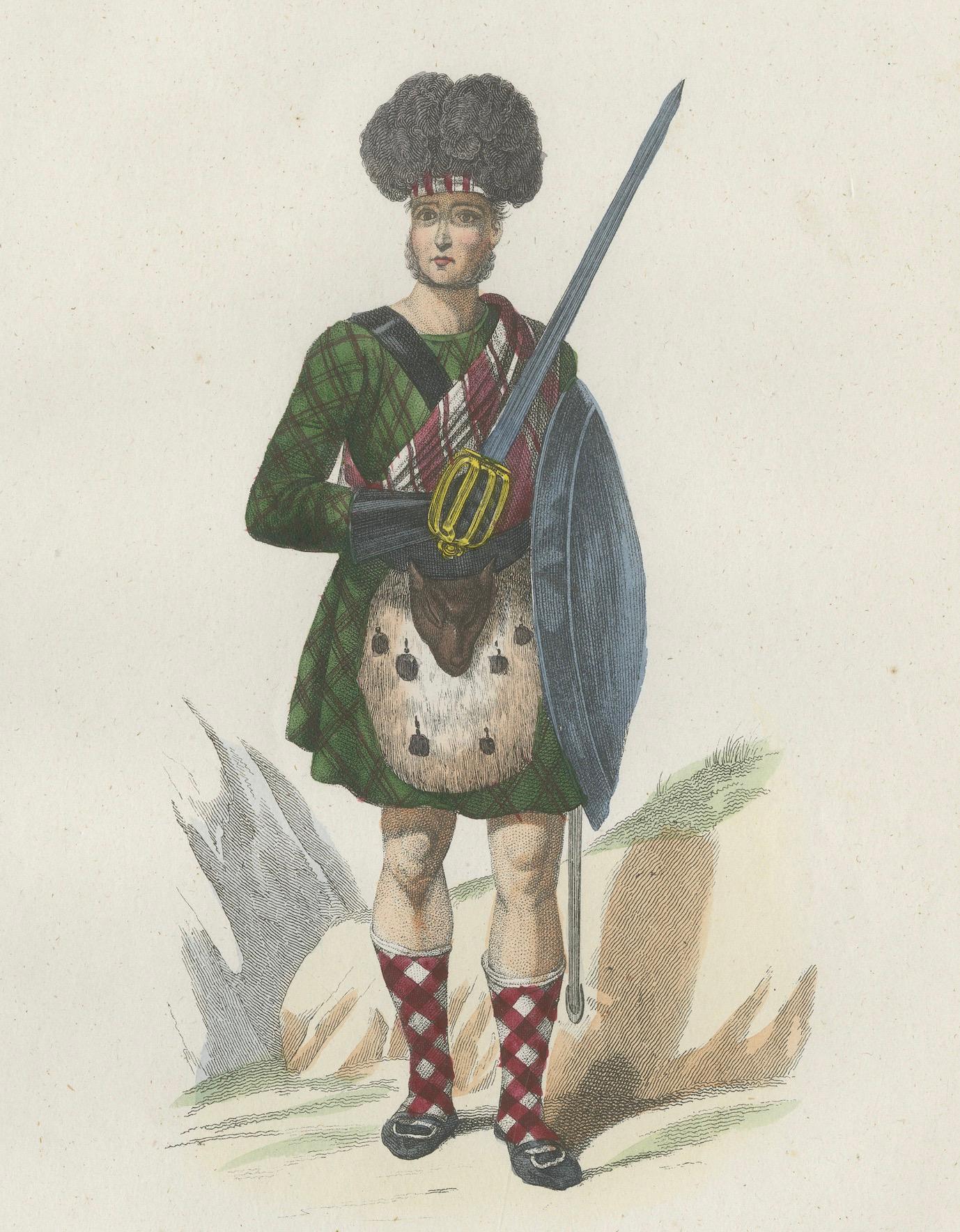 19th Century Antique Costume Print of Scottish Clan Chief in Highland Dress, 1854 For Sale