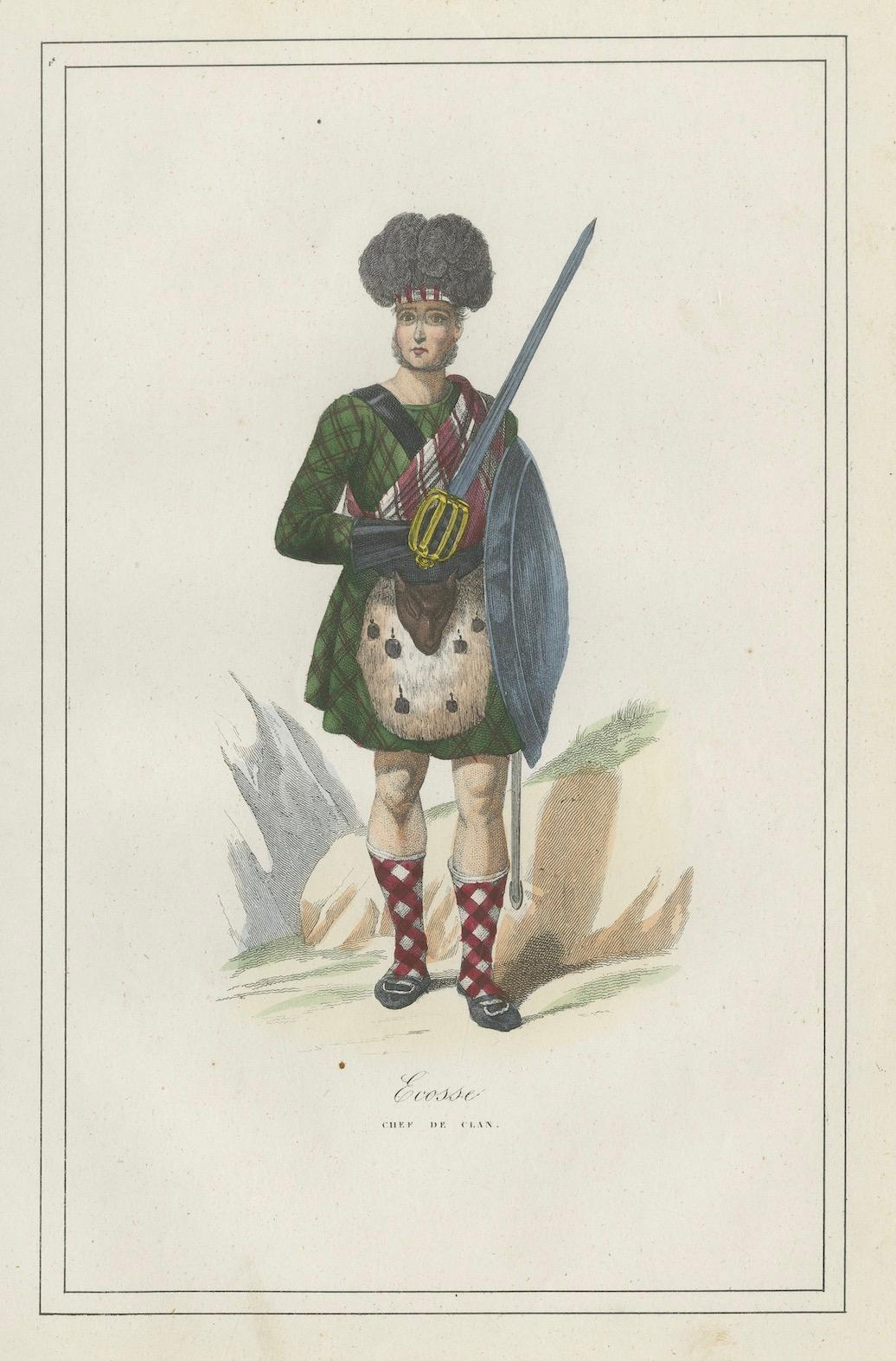 Paper Antique Costume Print of Scottish Clan Chief in Highland Dress, 1854 For Sale