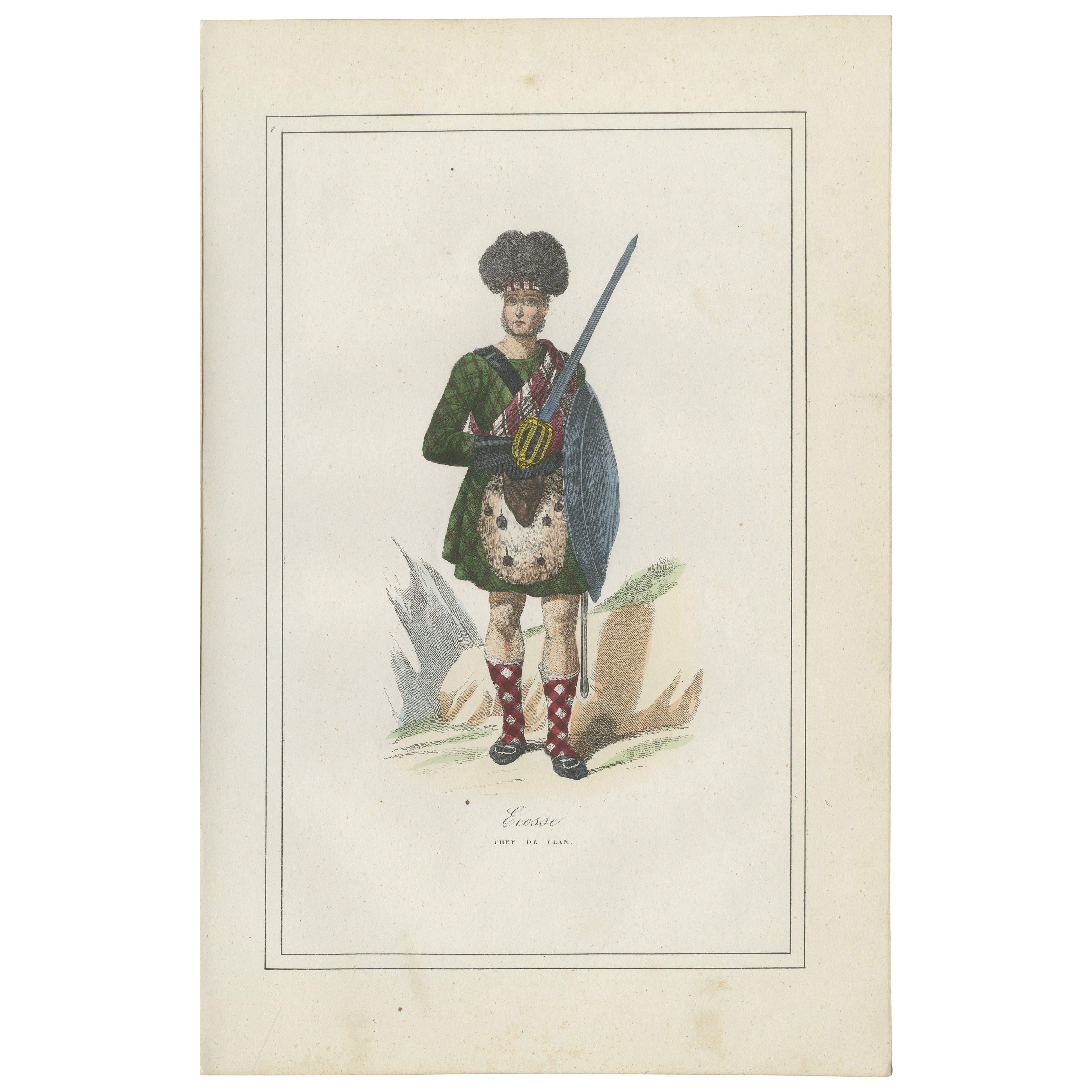 Antique Costume Print of Scottish Clan Chief in Highland Dress, 1854 For Sale