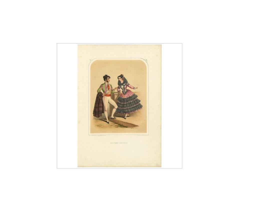 Antique print titled 'Costumes Espagnols'. This print originates from ‘Les Nations. Album des Costumes de Tous les Pays’ by A. Lacouchie. Published in Paris, circa 1850.