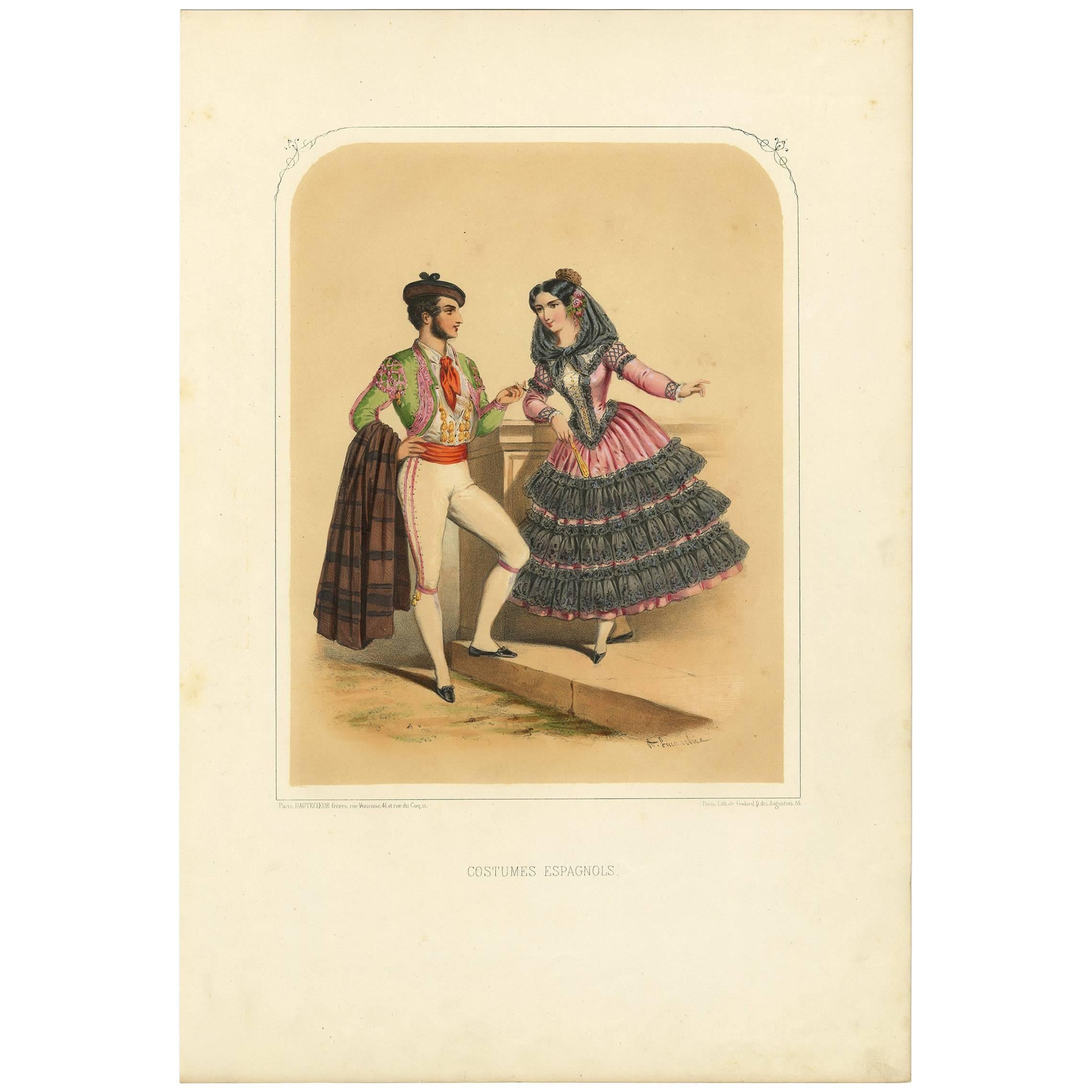 Impression de costumes antiques d'Espagne par A. Lacouchie, vers 1850
