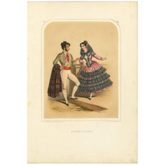 Stampa antica in costume della Spagna di A. Lacouchie, 1850 circa