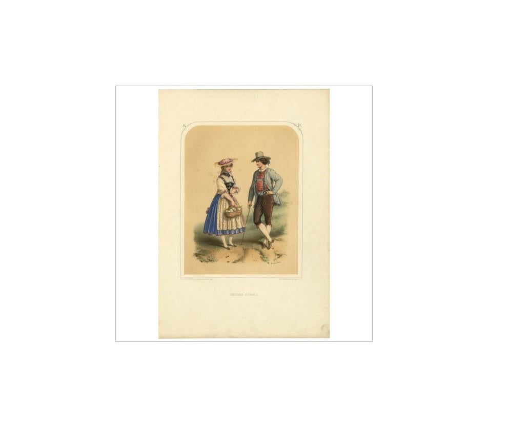 Antique print titled 'Costumes Suisses'. This print originates from ‘Les Nations. Album des Costumes de Tous les Pays’ by A. Lacouchie. Published in Paris, circa 1850.

The traditional costumes depicted in the illustration suggest they are from the