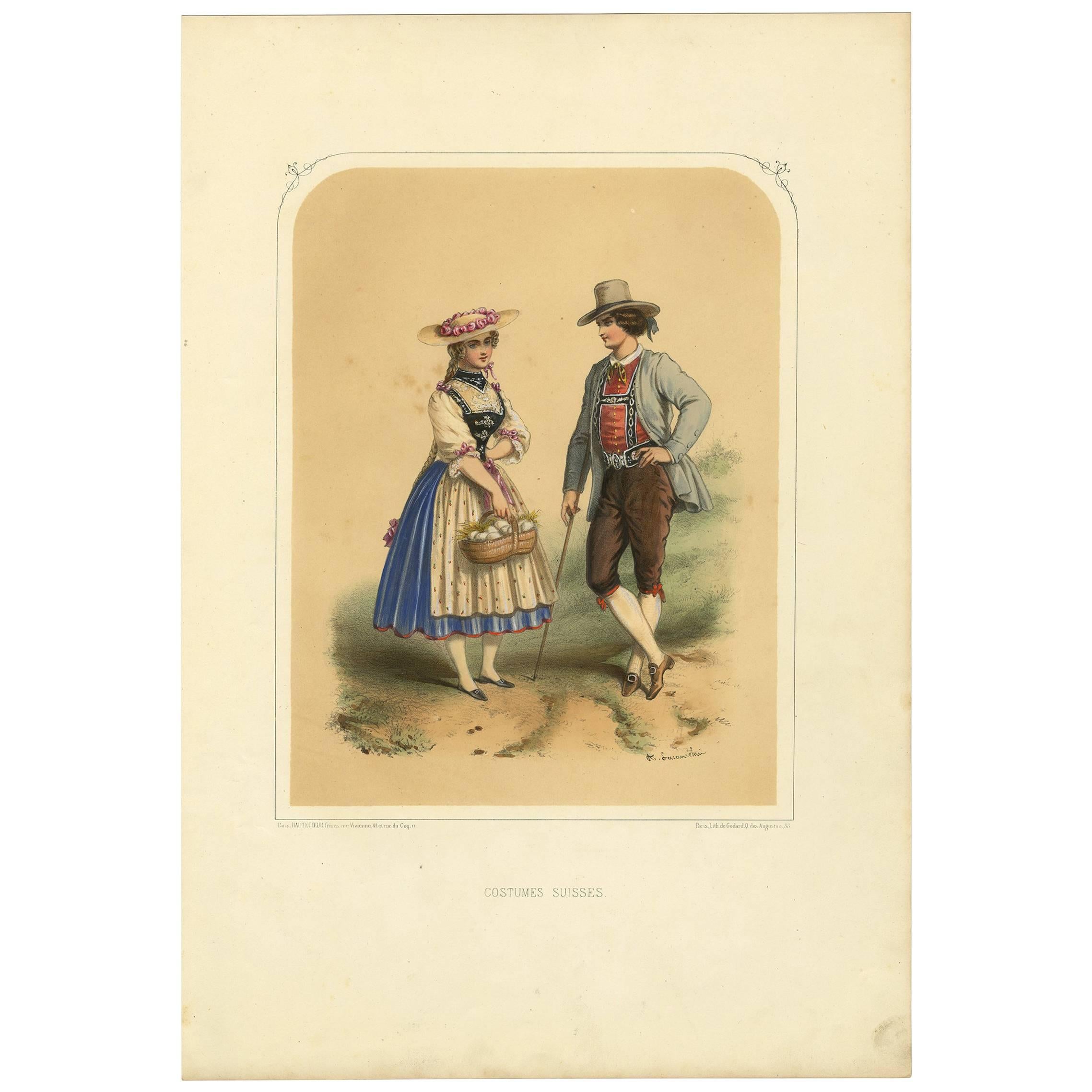 Antique Costume Print of Switzerland by A. Lacouchie, circa 1850 For Sale