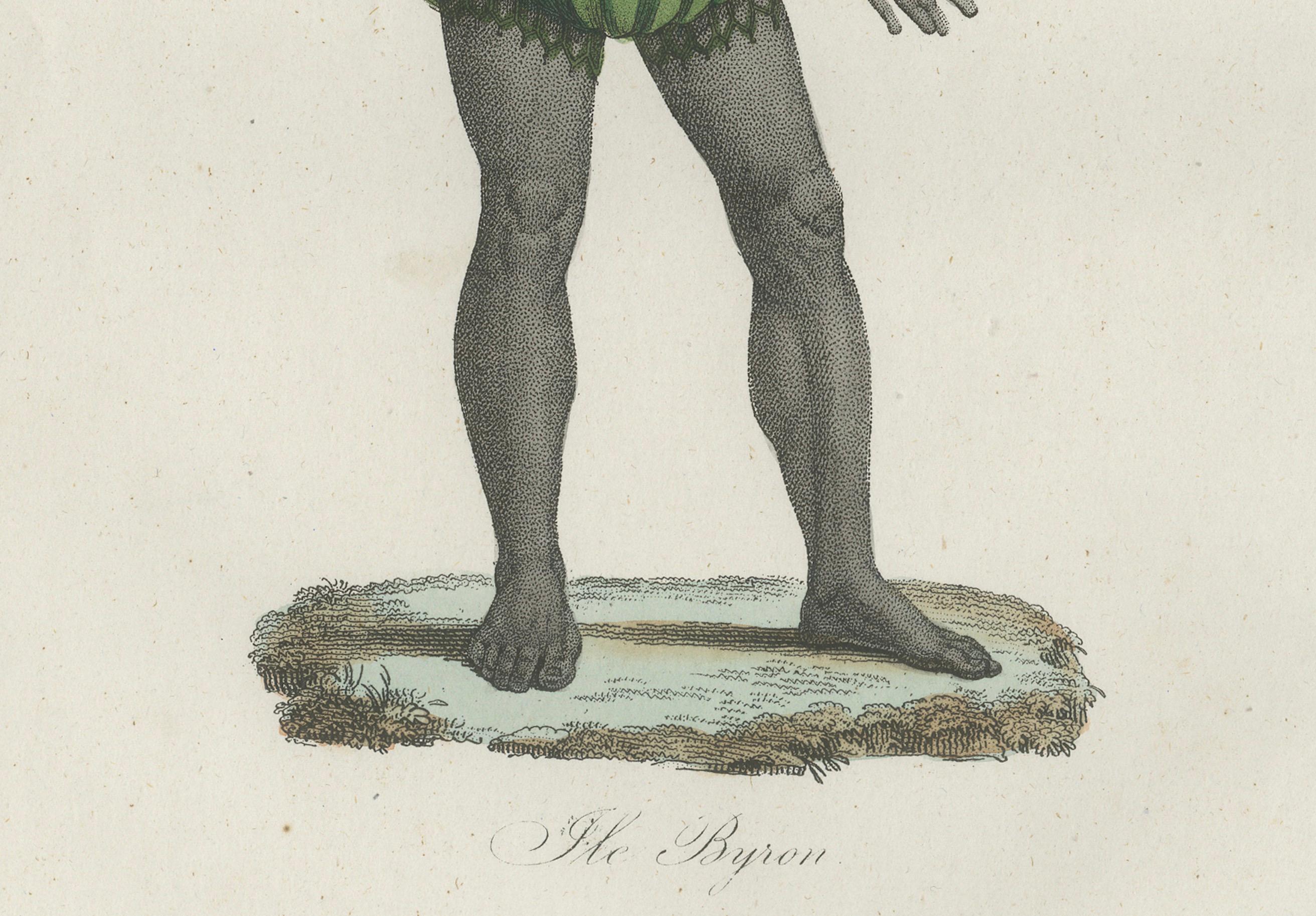Antique Costume Print of Tattooed Man from Byron Island, 1854

This striking hand-colored lithograph, published in 1854 in Album des Voyages Anciens et Modernes by Martial Ardant Frères, depicts a tattooed man from Île Byron (Byron Island, today