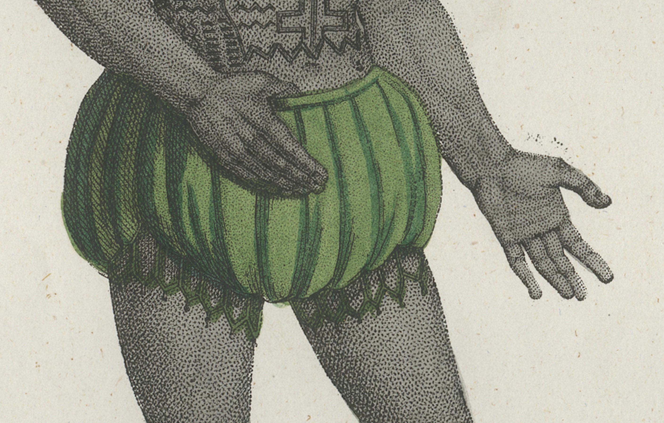 French Antique Costume Print of Tattooed Man from Byron Island, 1854 For Sale
