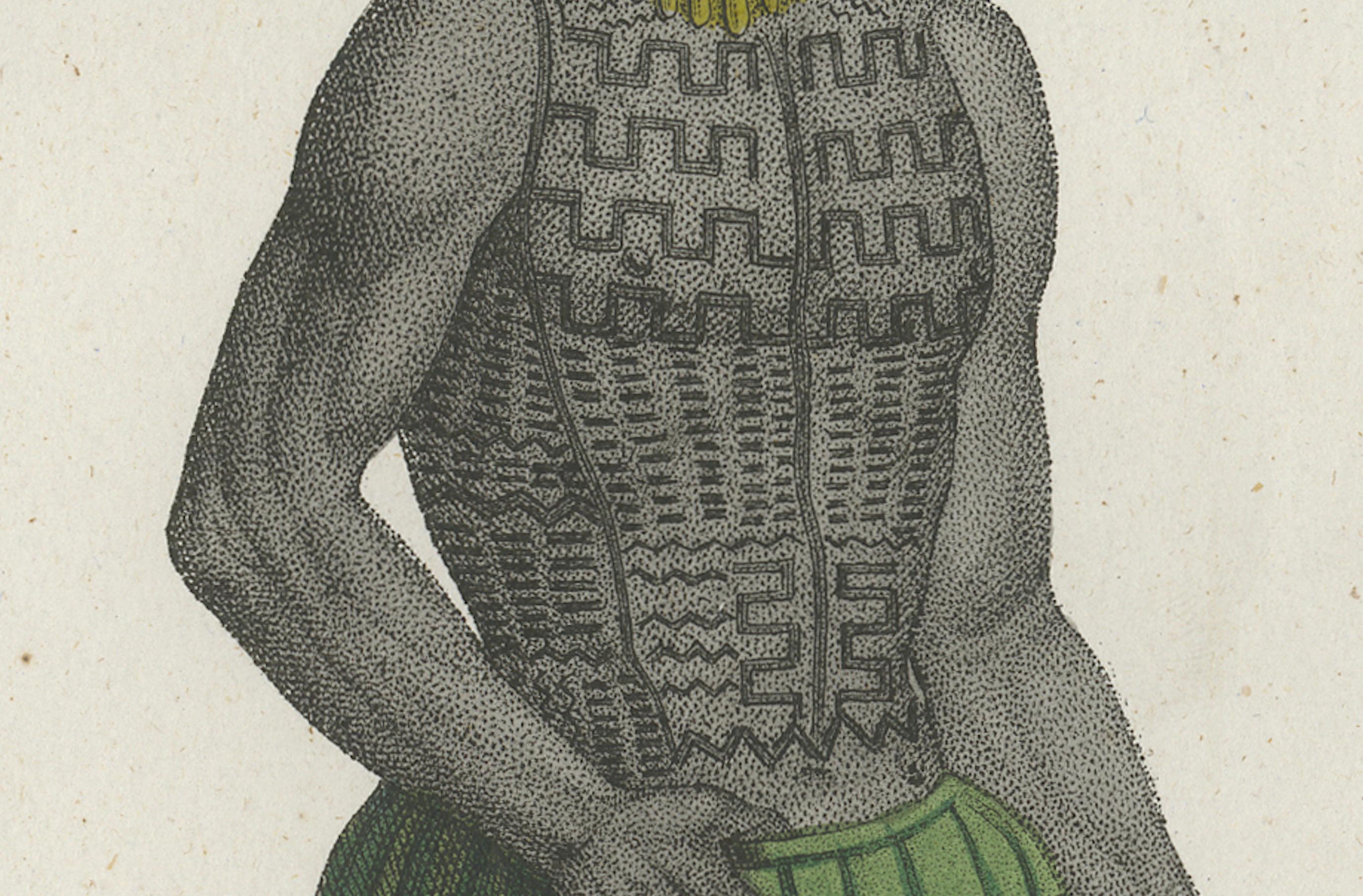 Antique Costume Print of Tattooed Man from Byron Island, 1854 In Good Condition For Sale In Langweer, NL