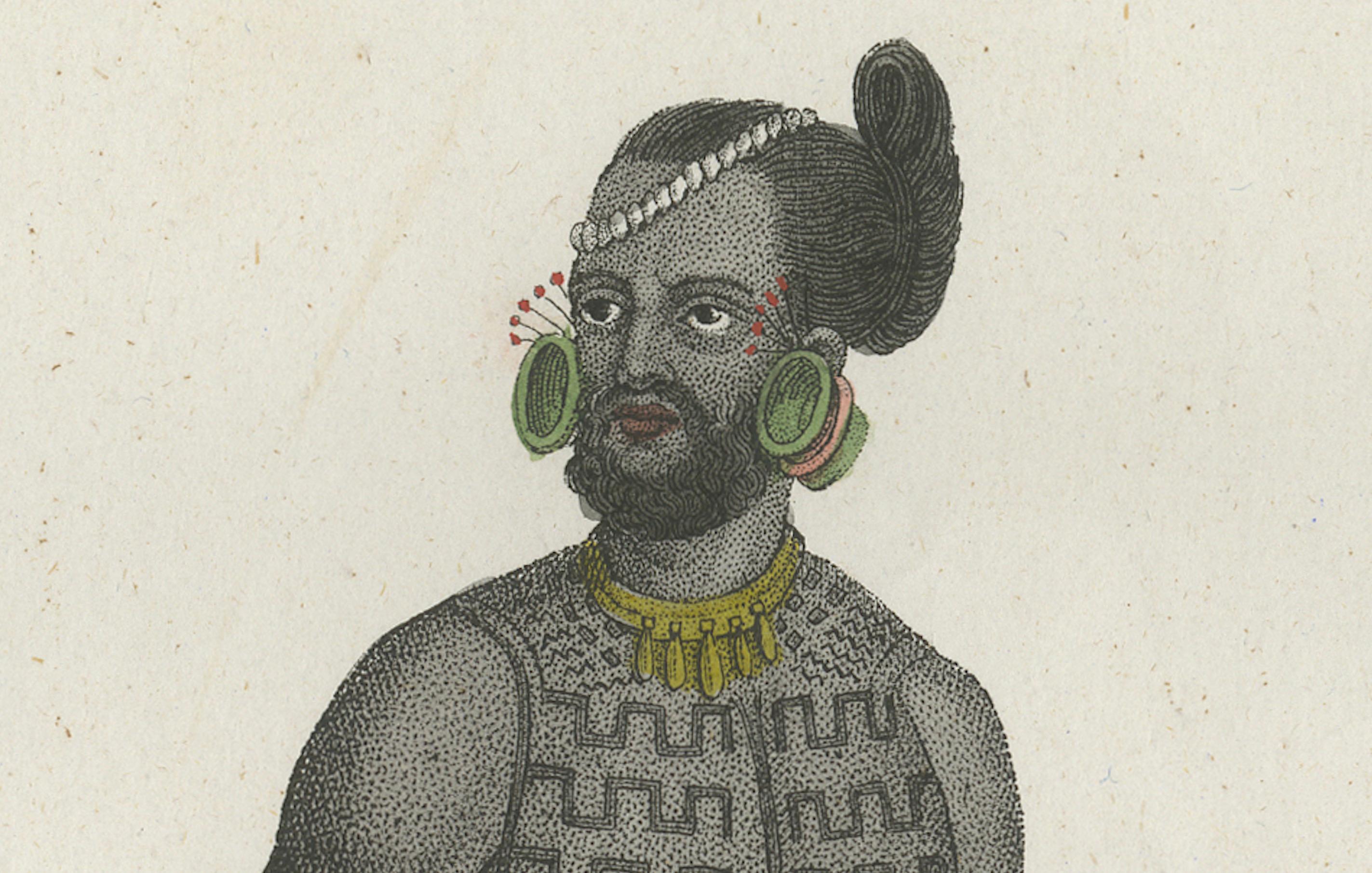 19th Century Antique Costume Print of Tattooed Man from Byron Island, 1854 For Sale