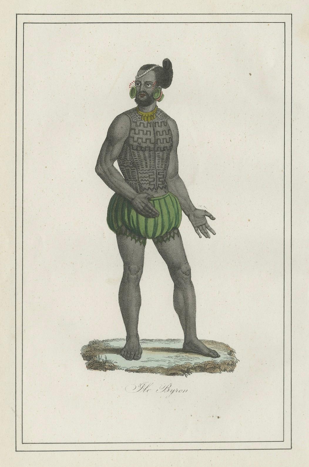 Paper Antique Costume Print of Tattooed Man from Byron Island, 1854 For Sale