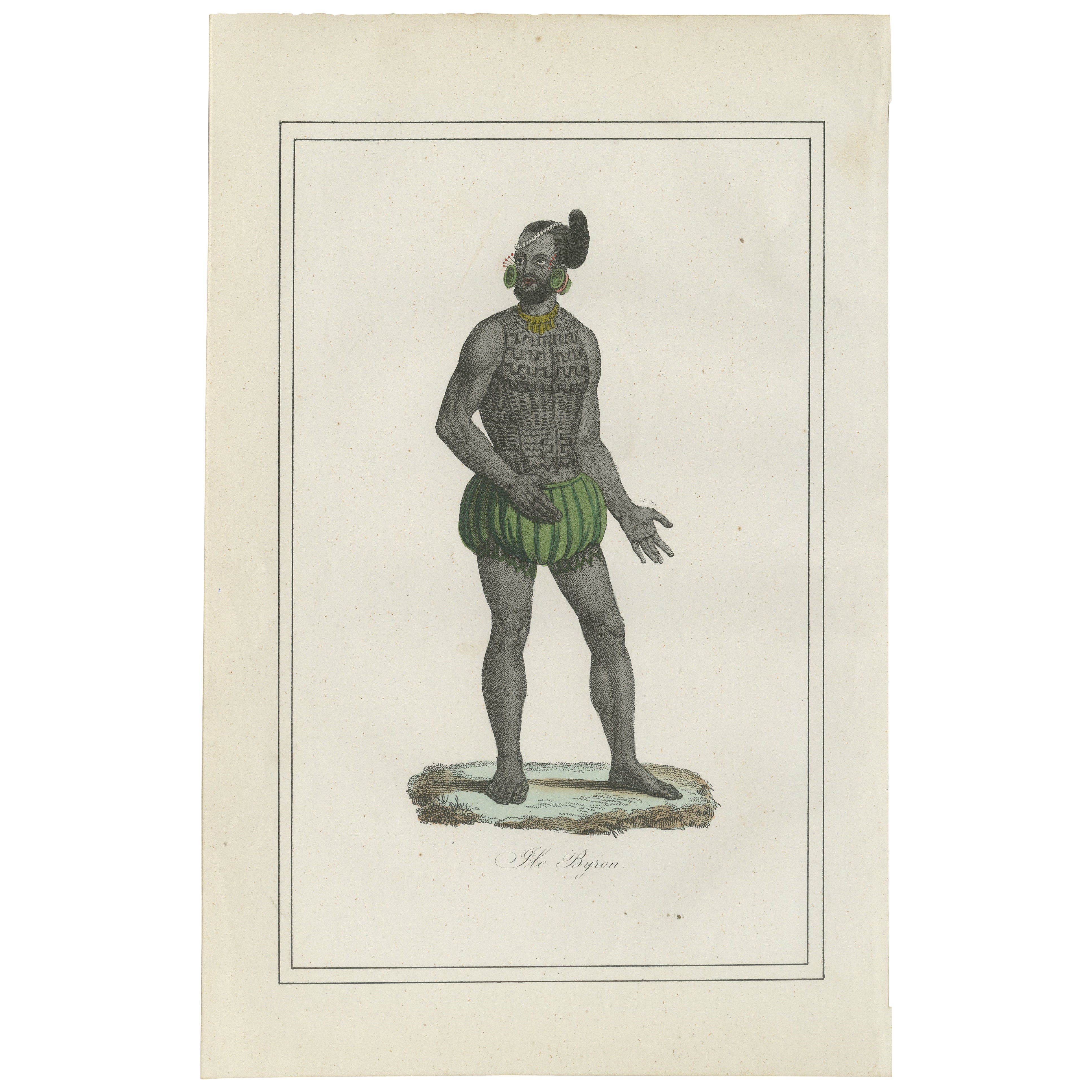 Antique Costume Print of Tattooed Man from Byron Island, 1854 For Sale