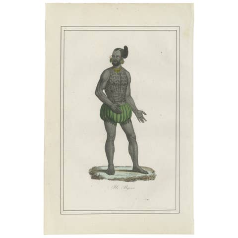 Antique Costume Print of Tattooed Man from Byron Island, 1854
