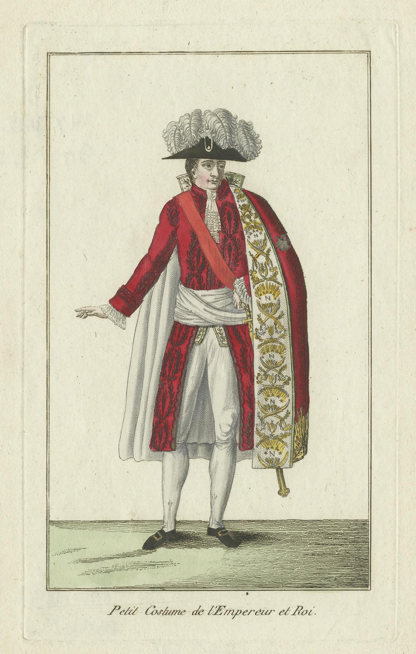 Antique print titled 'Grand Costume de l'Empereur et Roi'. Costume print of the Emperor and King of France. This print originates from a small booklet with engravings of French costumes.