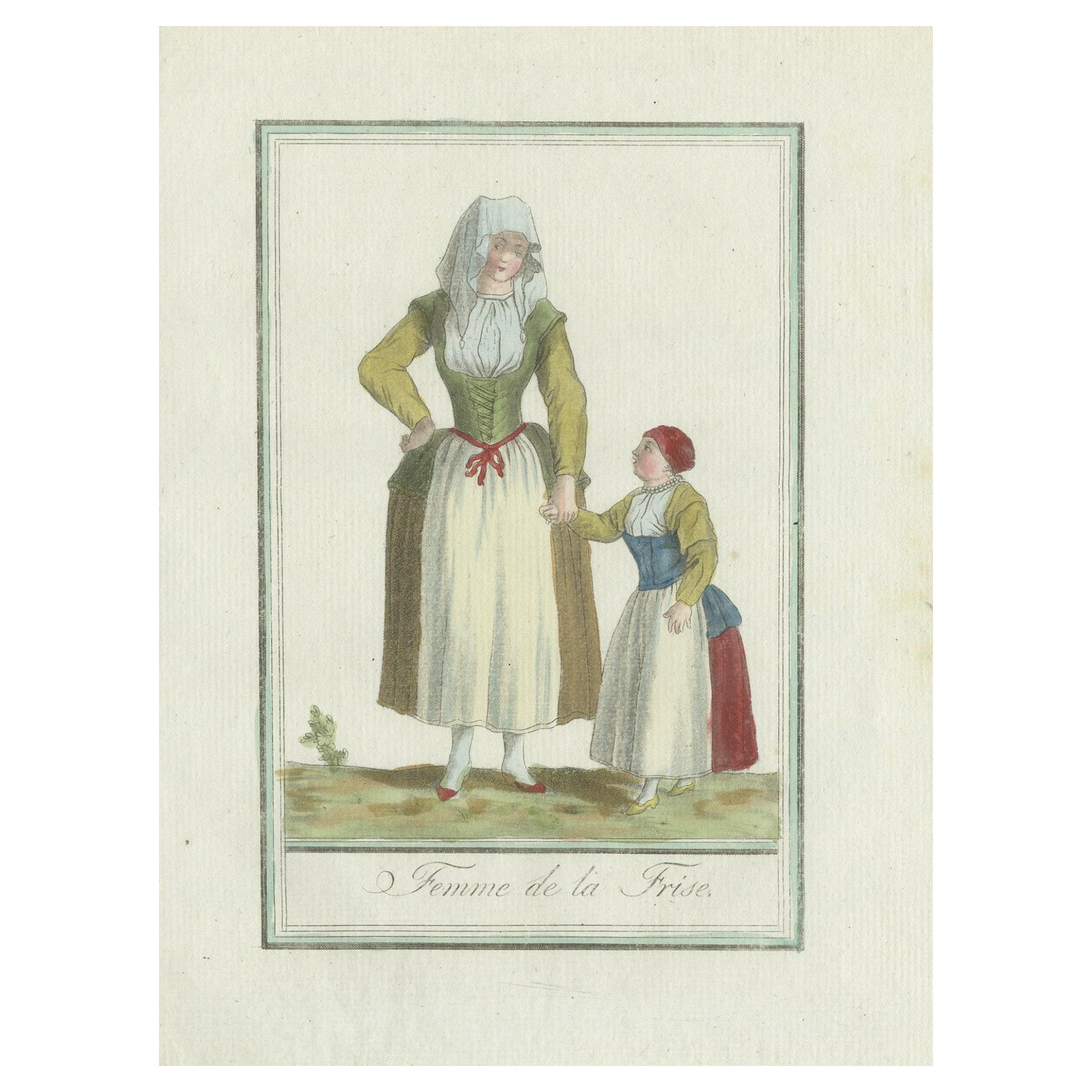 Ancienne estampe de costume de la province du Friesland aux Pays-Bas, vers 1797