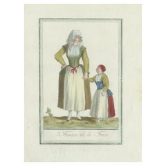 Ancienne estampe de costume de la province du Friesland aux Pays-Bas, vers 1797