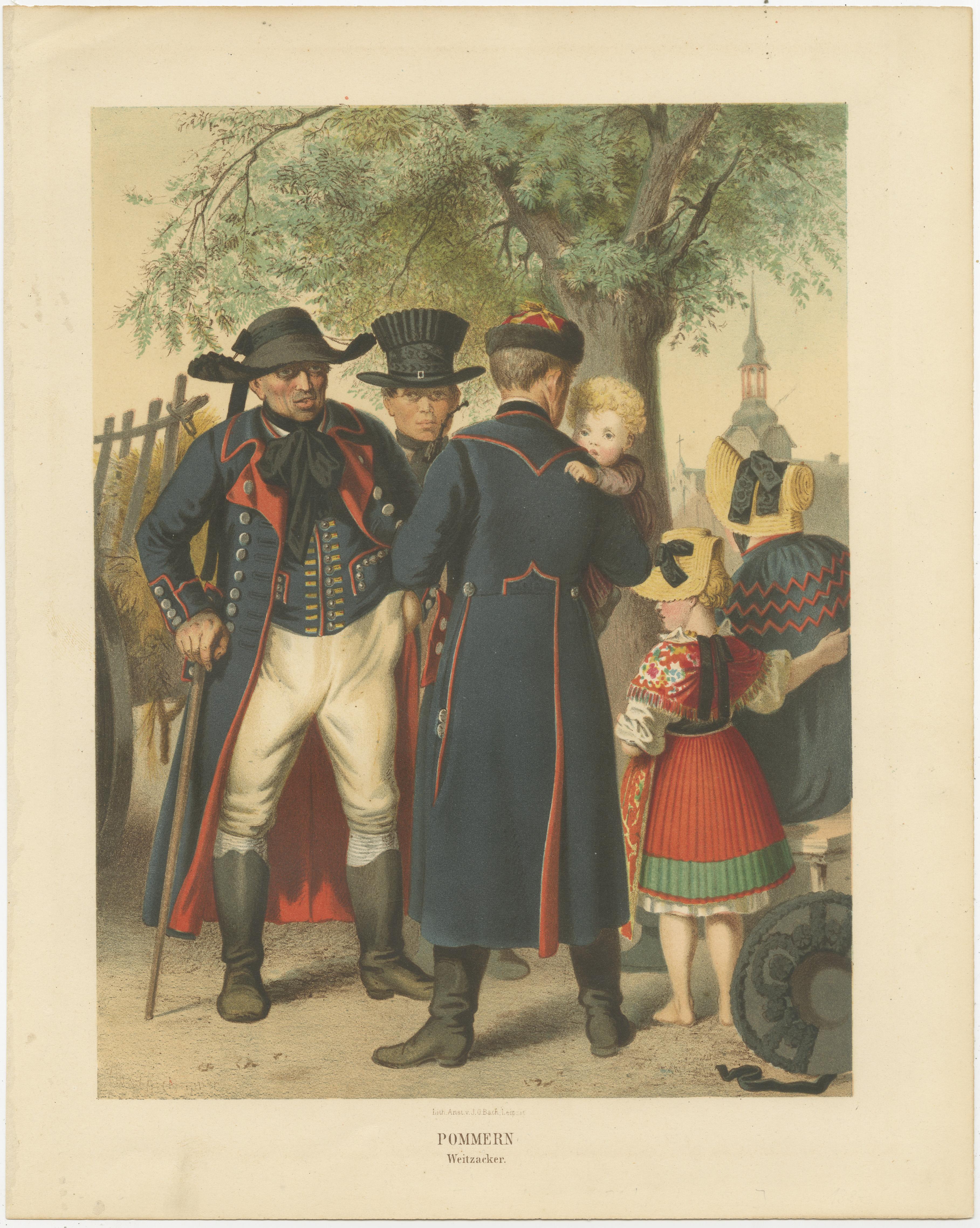 Carta Stampa antica di costumi tradizionali della Pomerania: Weitzacker nel 1870 in vendita