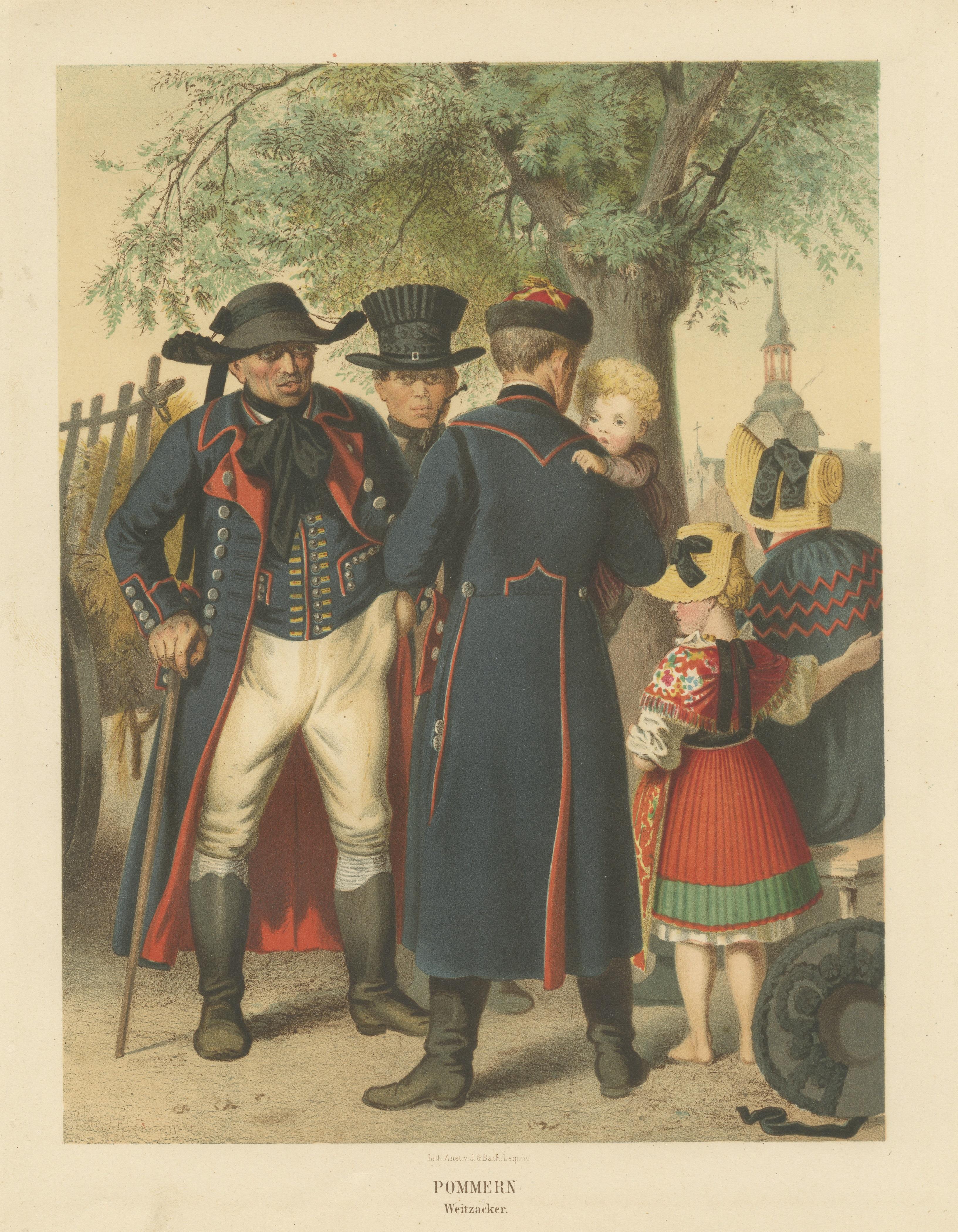 Stampa antica di costumi tradizionali della Pomerania: Weitzacker nel 1870 in vendita 1