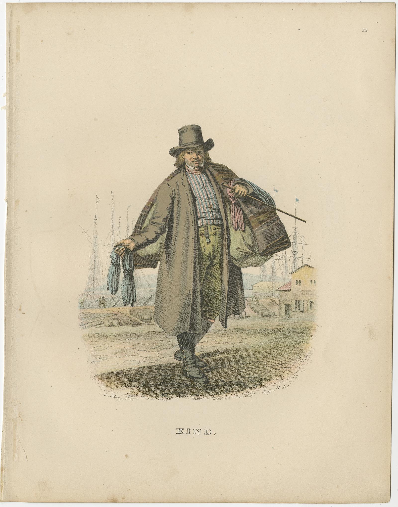 Antique print titled 'Kind'. Costume print of Västergötland, Sweden. This print originates from 'Ett år i Sverige' by J.G. Sandberg.

Västergötland is home to Gothenburg, the second largest city in Sweden, which is situated along a short stretch