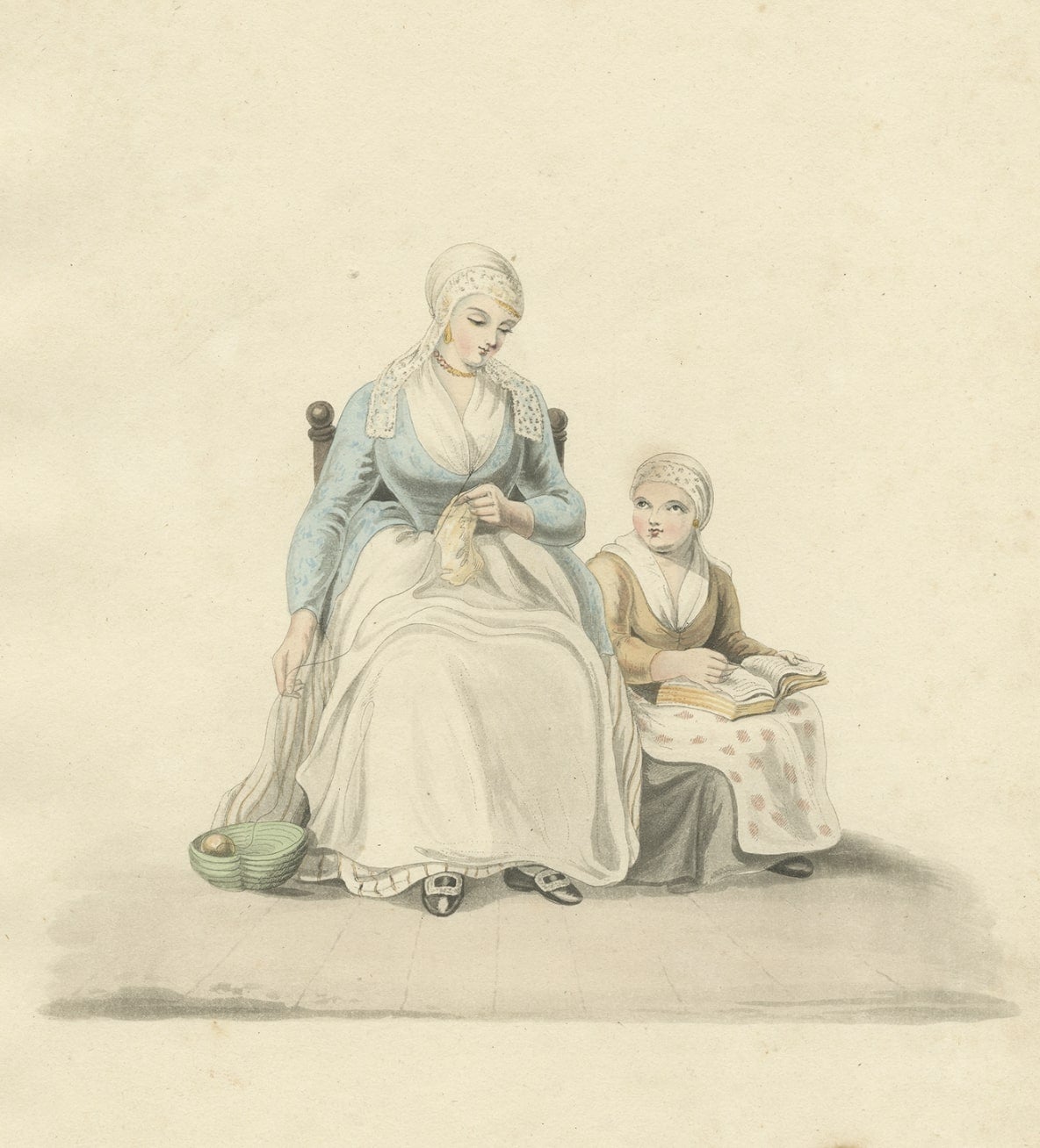 Impression de costume ancien représentant une femme et un enfant du Friesland, Pays-Bas, vers 1817