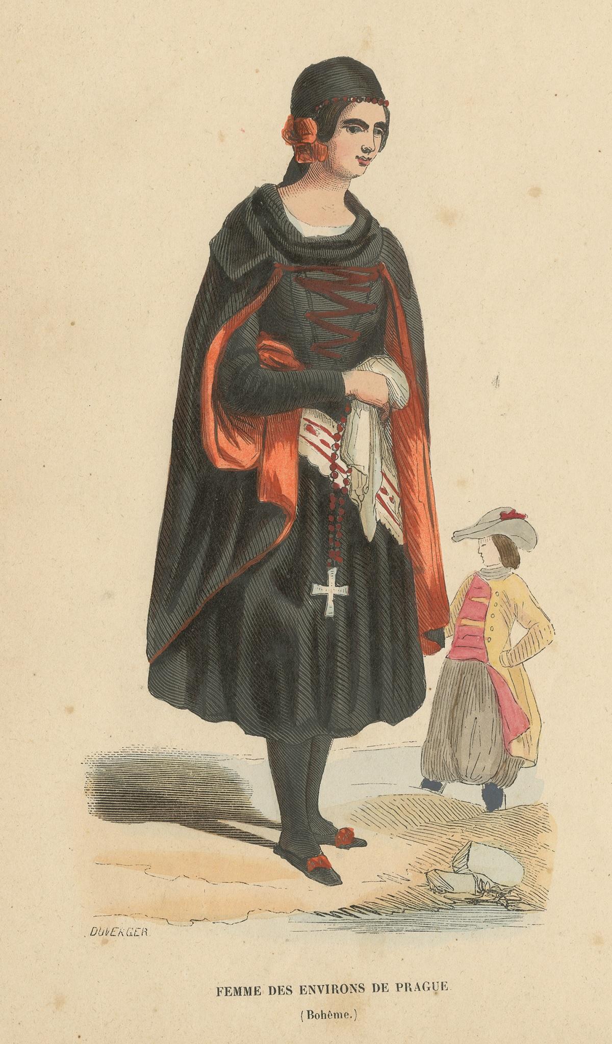 Antiker Kostümdruck mit dem Titel 'Femme des Environs de Prague'. Antiker Originaldruck von Frauen in der Gegend von Prag, Tschechische Republik. Dieser Druck stammt aus 