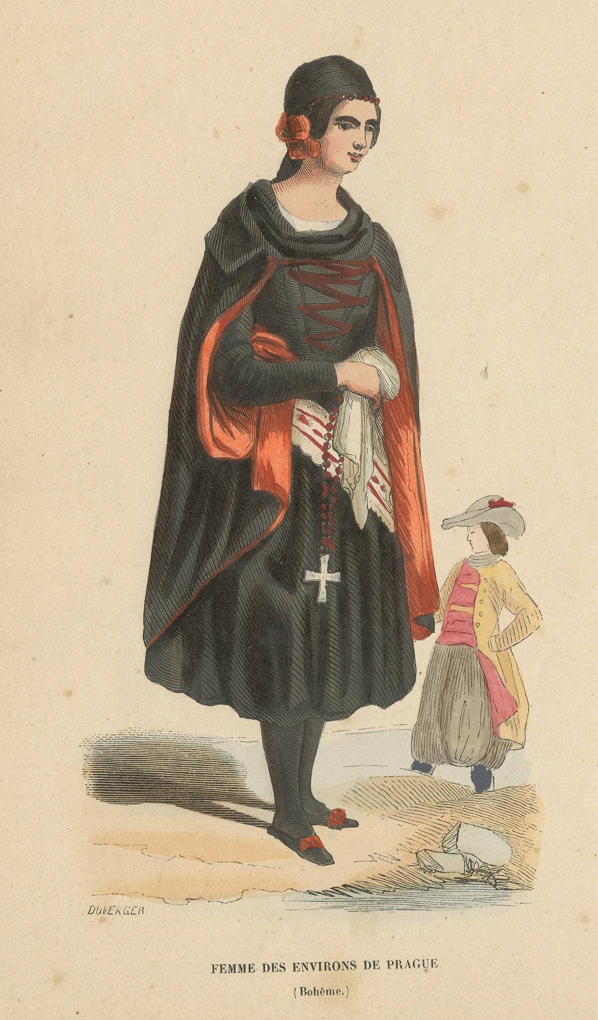 Antique Costume Print of Women in the Region of Prague by Wahlen, 1843