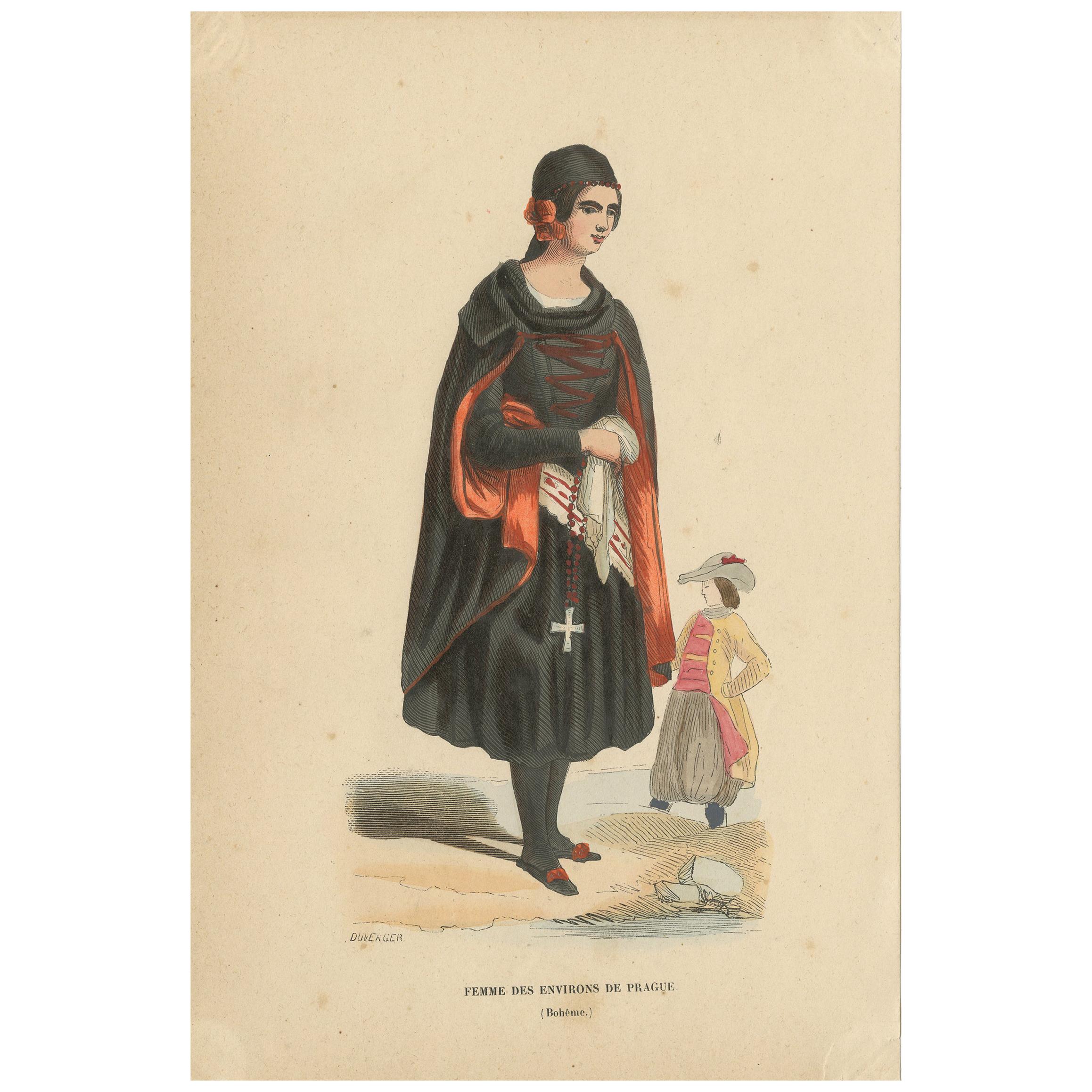 Antique Costume Print of Women in the Region of Prague by Wahlen, 1843