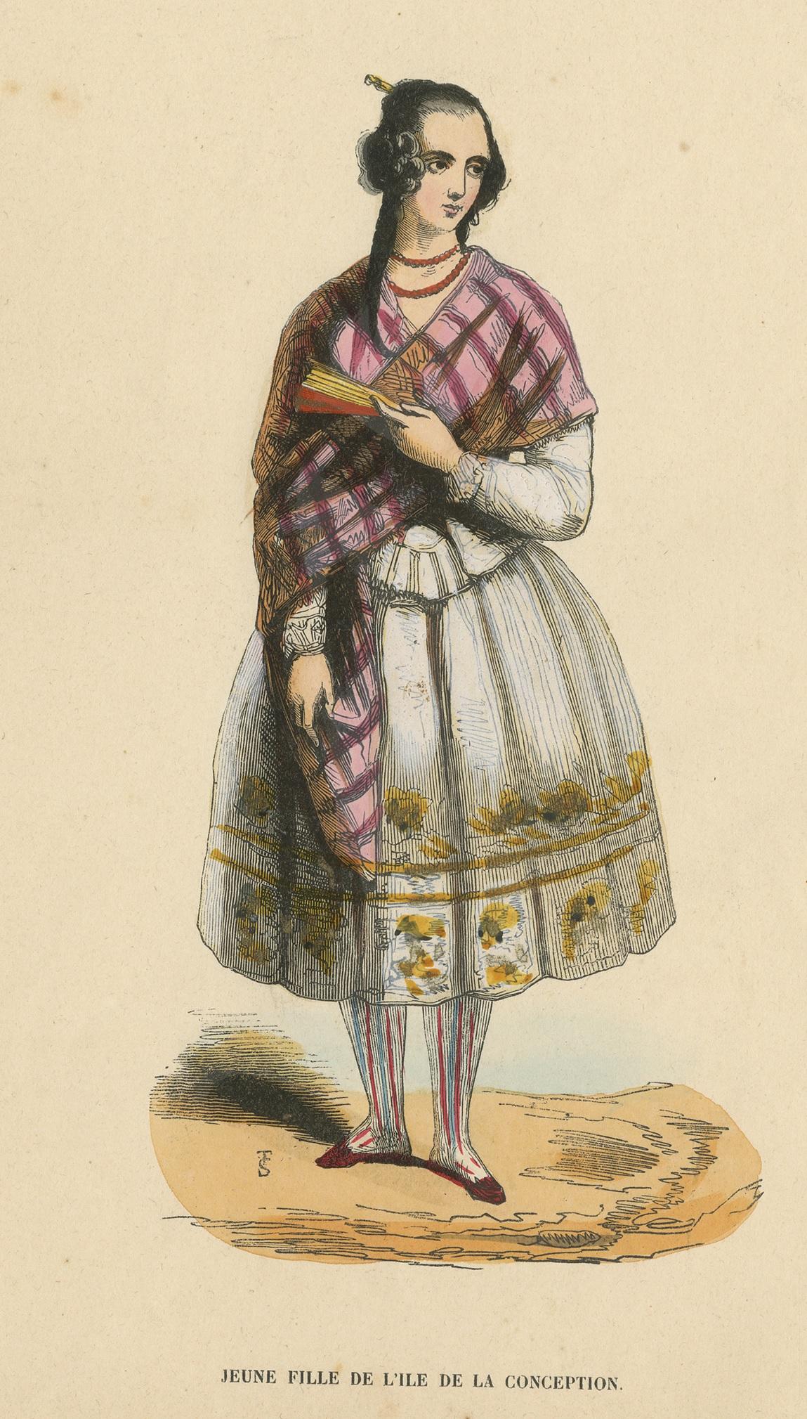 Antique Costume Print of young Lady of Conception Island by Wahlen, 1843 In Good Condition For Sale In Langweer, NL