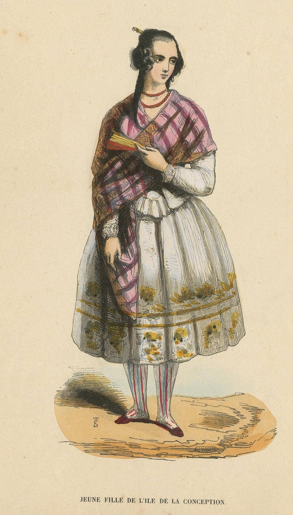Antique Costume Print of young Lady of Conception Island by Wahlen, 1843