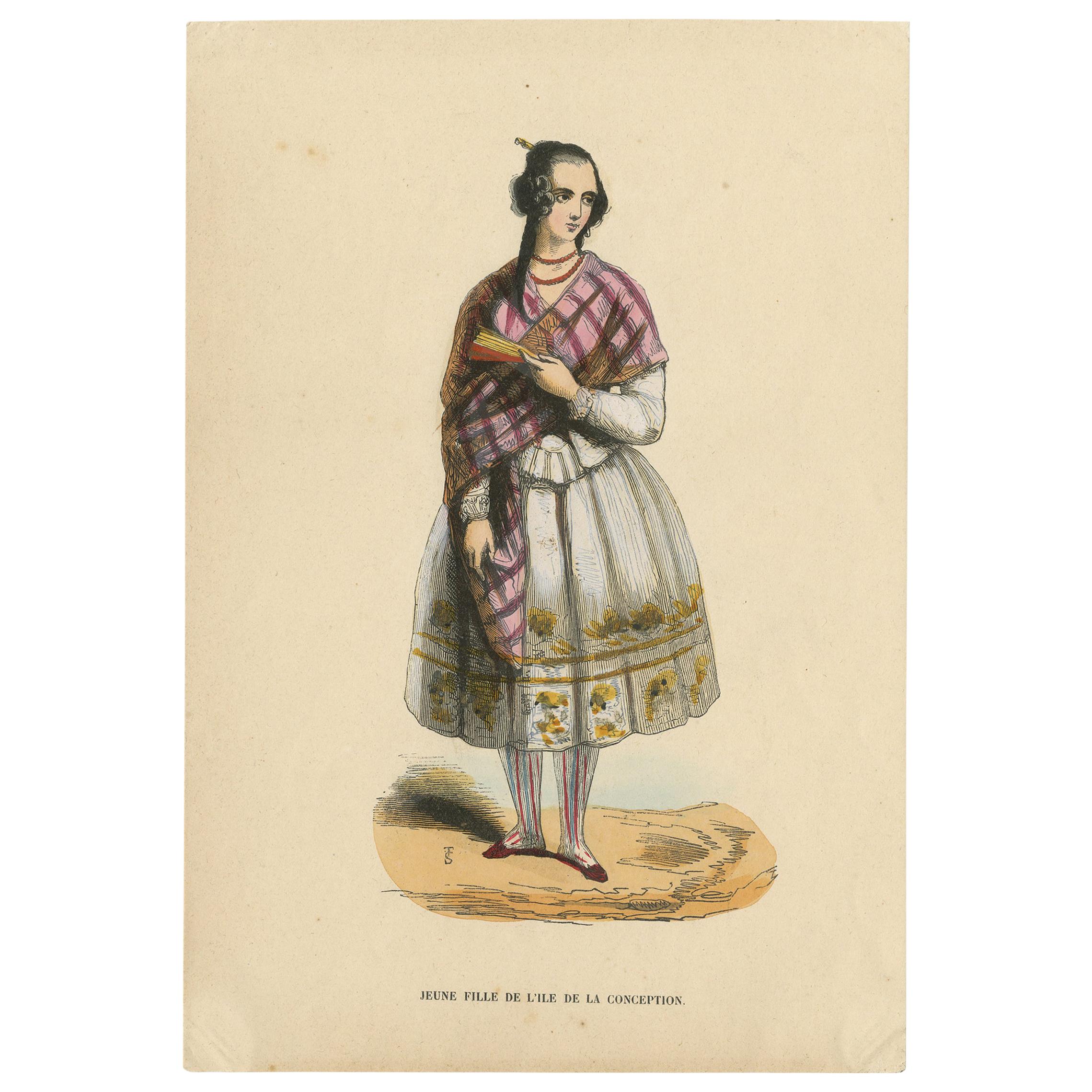 Stampa antica in costume della giovane signora dell'Isola della Concezione di Wahlen, 1843