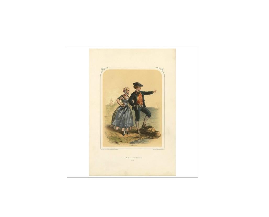 Antique print titled 'Costumes Zélandais'. This print originates from ‘Les Nations. Album des Costumes de Tous les Pays’ by A. Lacouchie. Published in Paris, circa 1850.