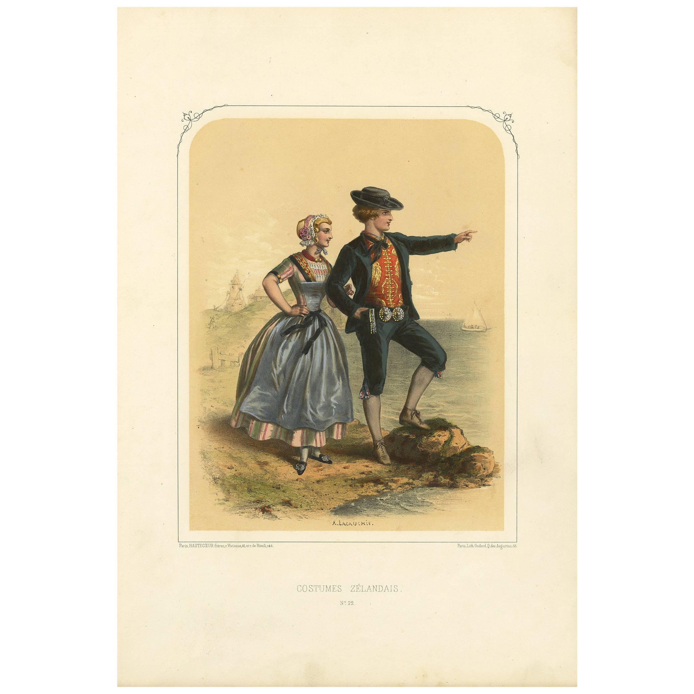 Impression de costumes antique de Nouvelle-Zélande « Pays-Bas » par A. Lacouchie, vers 1850 en vente