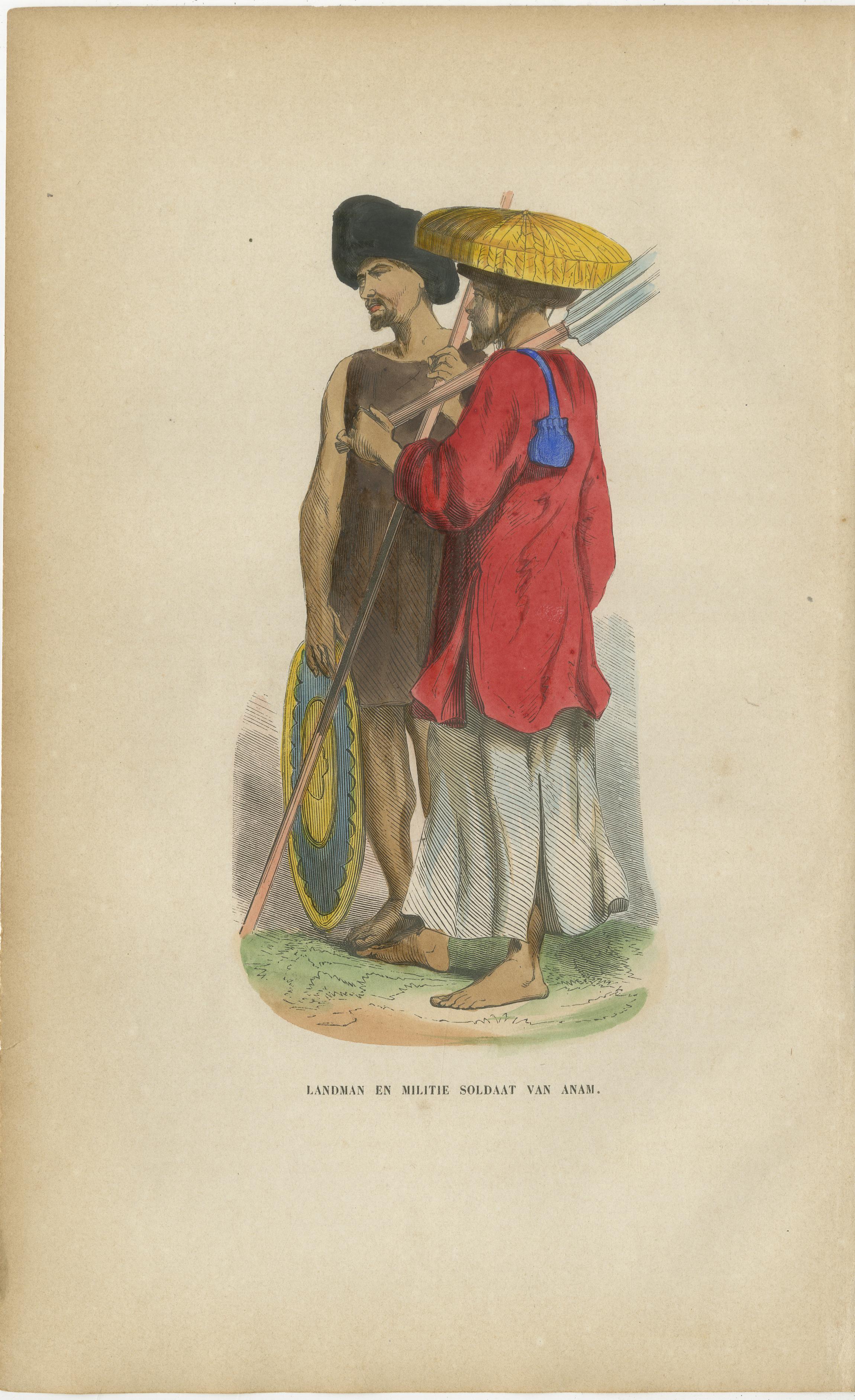 Antique Costume Print Pair Annam (Vietnam) Soldiers, Hand-Colored, 1854