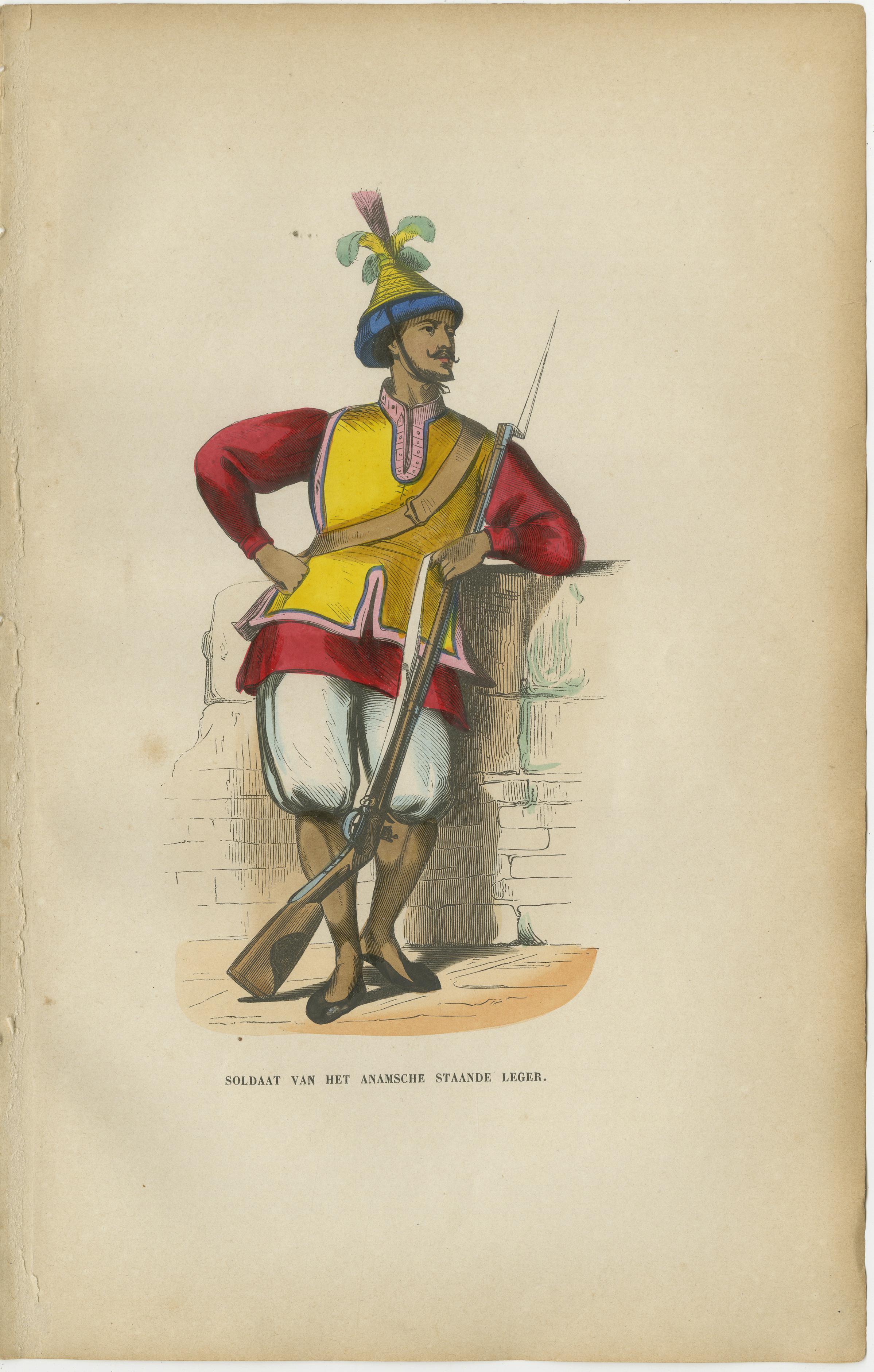 Antique Costume Print Pair Annam (Vietnam) Soldiers, Hand-Colored, 1854