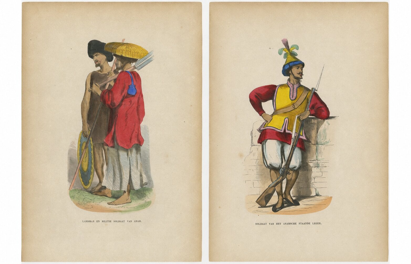 Antique Costume Print Pair Annam (Vietnam) Soldiers, Hand-Colored, 1854