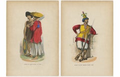 Stampa antica in costume Coppia di soldati di Annam (Vietnam), colorata a mano, 1854