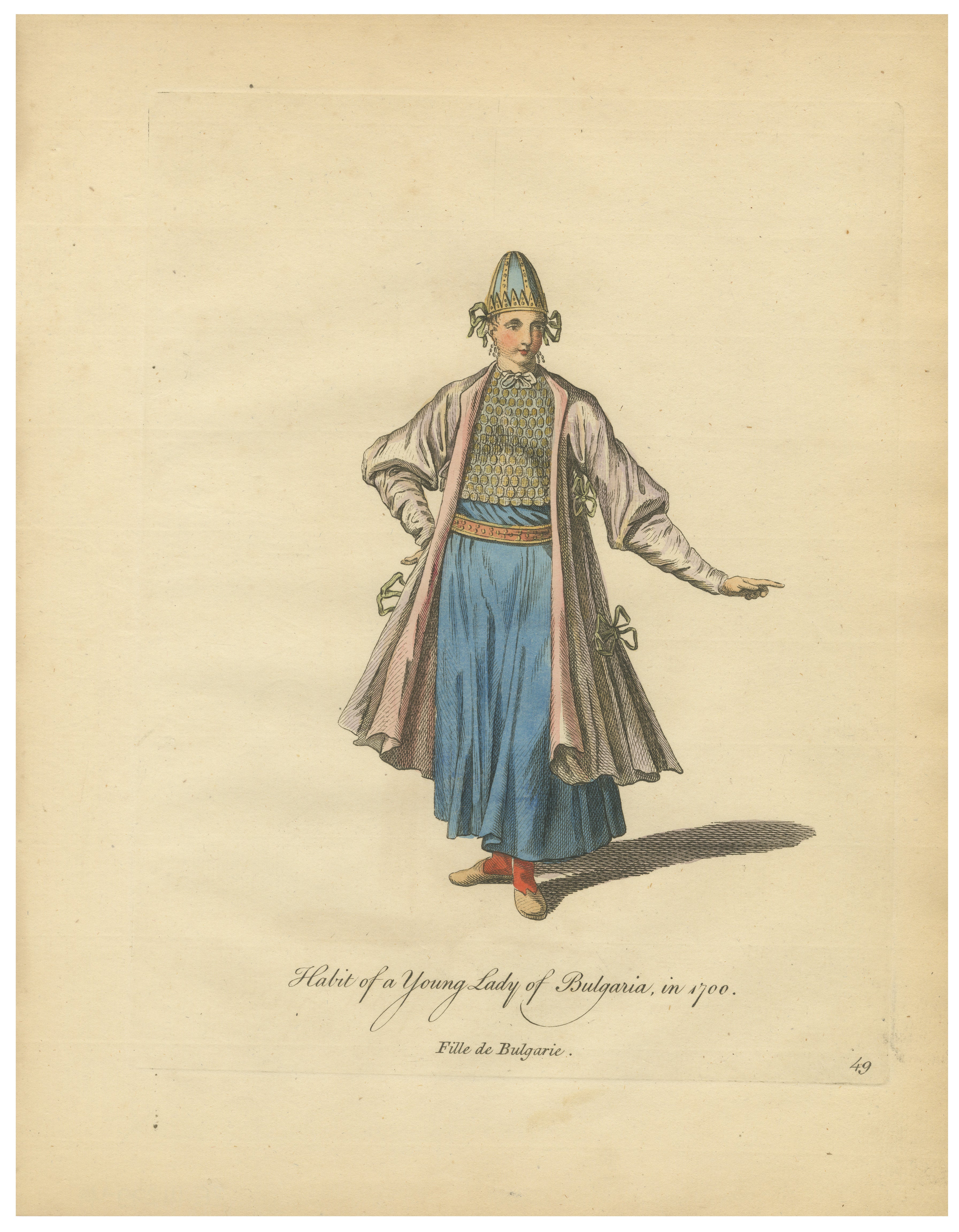 Gravure ancienne de costume Jeune femme de Bulgarie Robe traditionnelle Jefferys, 1749