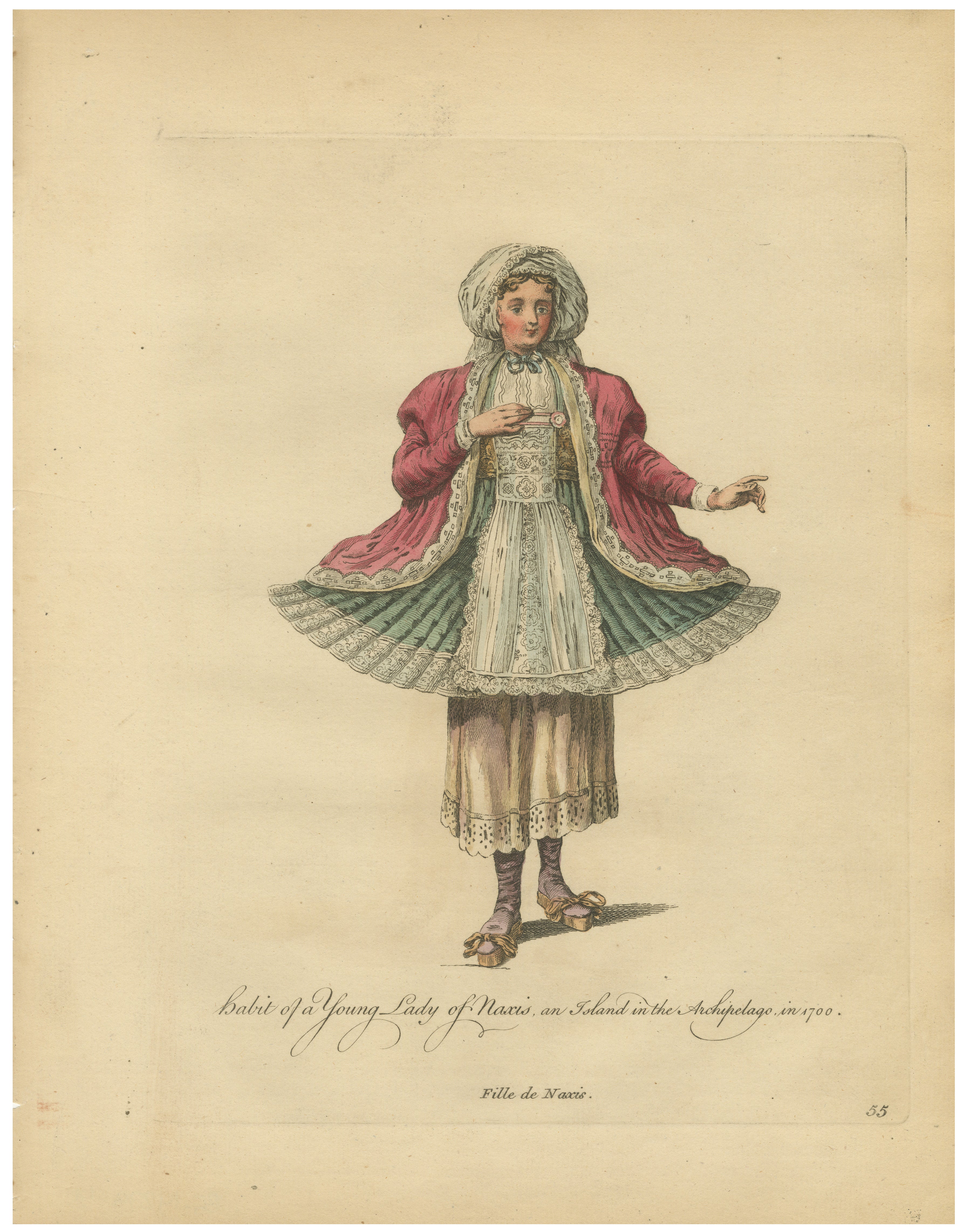 Gravure ancienne Jeune femme de l'archipel de Naxos Jefferys, 1749