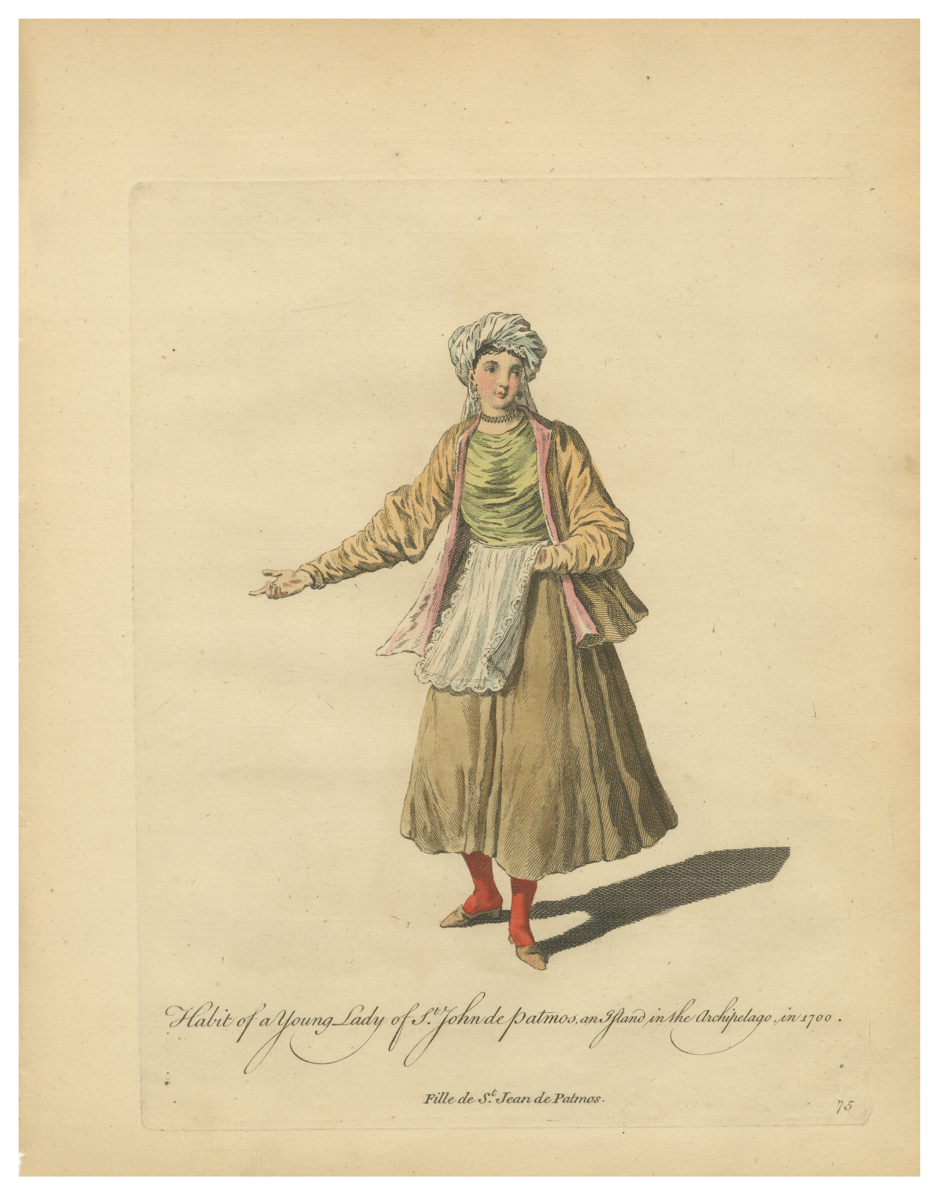 Gravure ancienne en costume Young Lady of St John of Patmos Jefferys, 1749