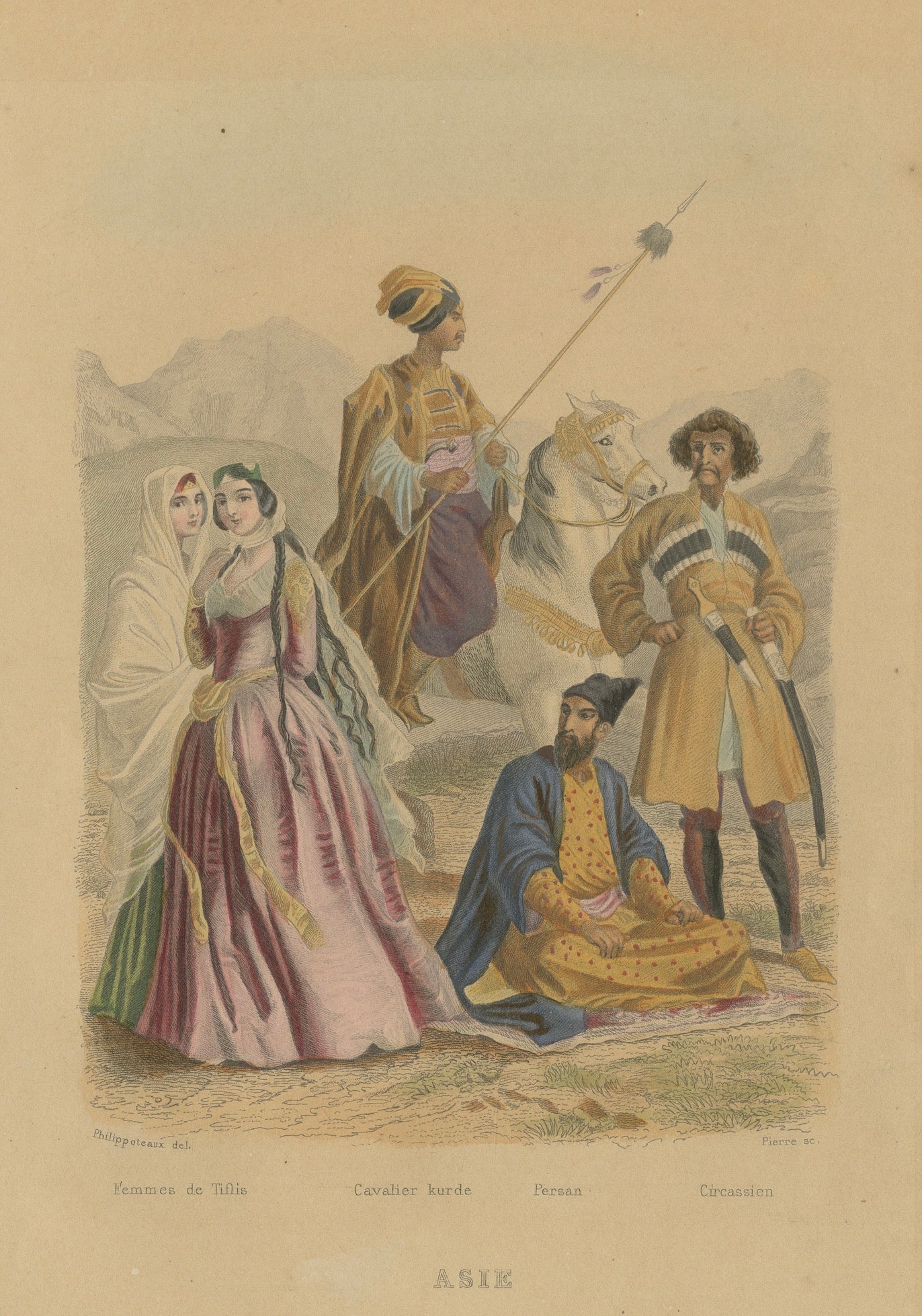 Antique Costume Prints of Asia: Persian, Kurdish, Circassian, Figures c1860