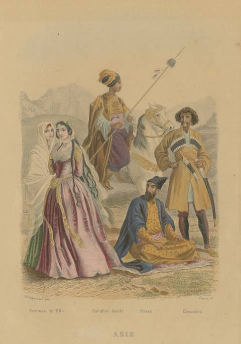 Antique Costume Prints of Asia: Persian, Kurdish, Circassian, Figures c1860