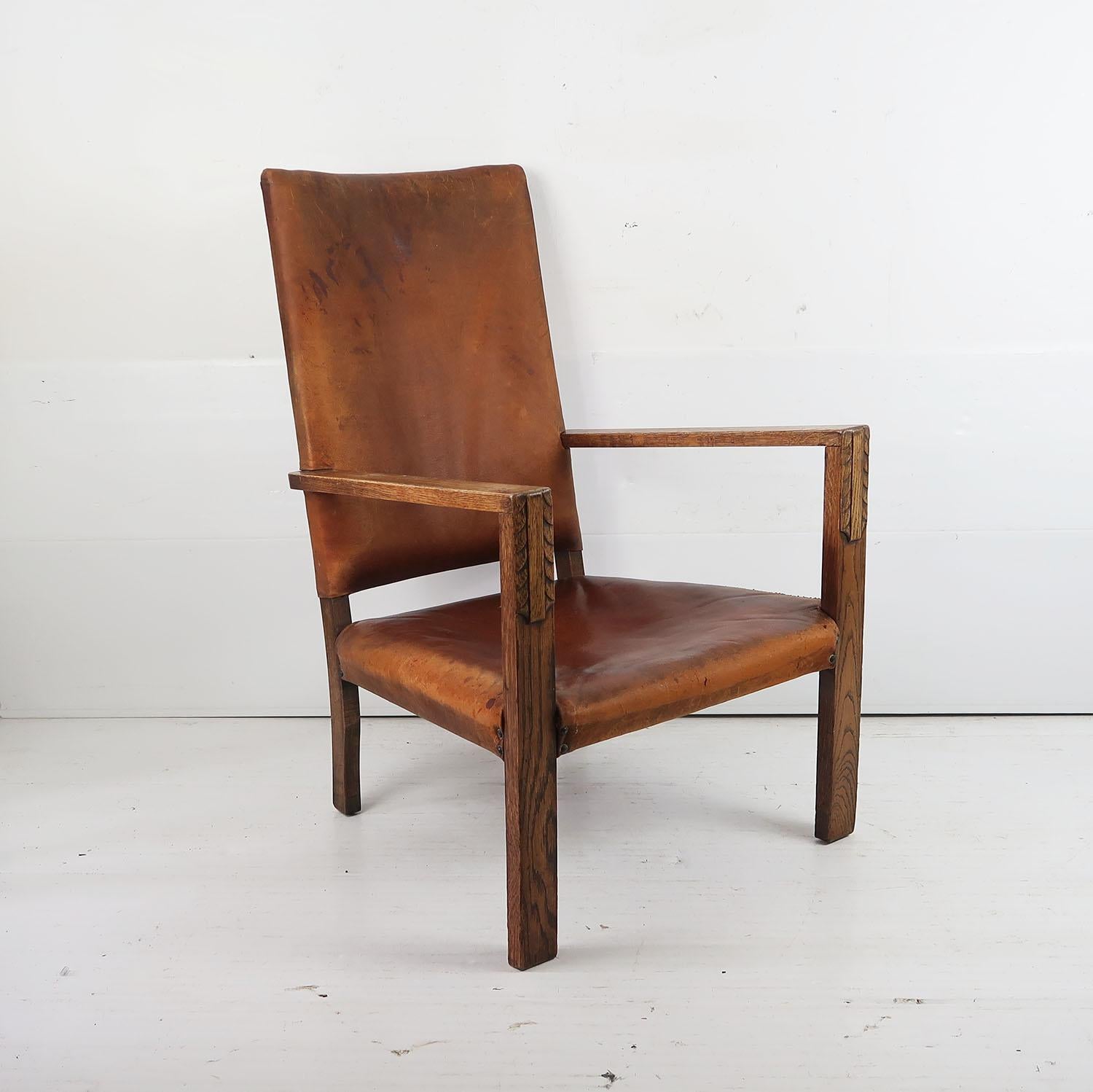 
Great leather chair

Cotswold School style

The style is transitional from Arts and Crafts to Art Deco

Original leather upholstery

Oak frame with a lovely carved understated detail on the arms

Designer unknown




