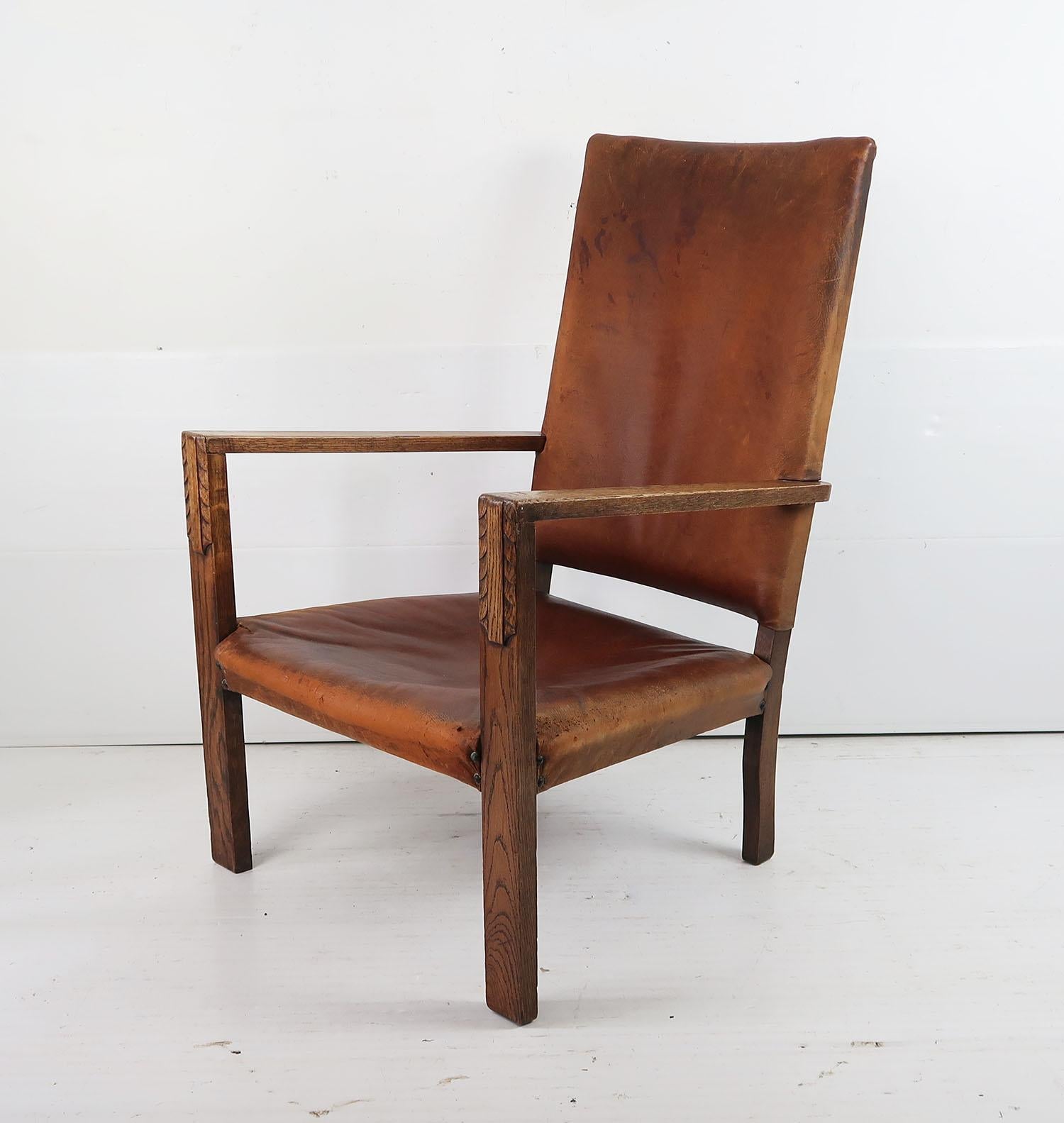 Arts and Crafts Antique Cotswold School Style Leather Lounge Chair. English. C.1920