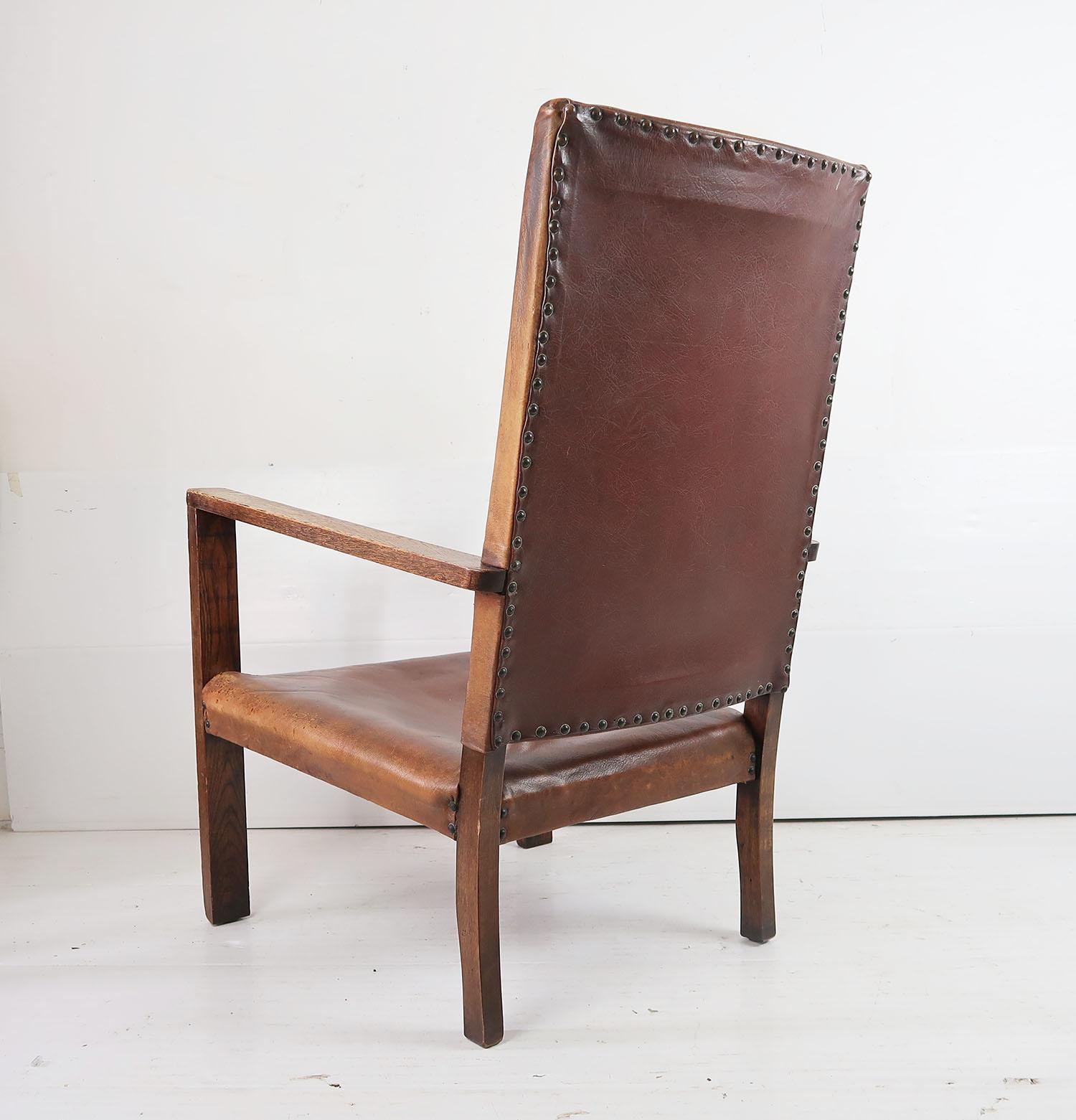 20th Century Antique Cotswold School Style Leather Lounge Chair. English. C.1920