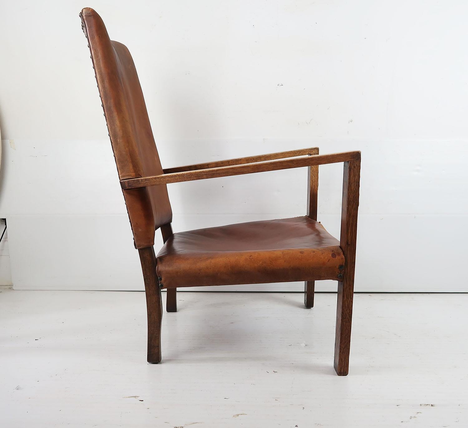 Antique Cotswold School Style Leather Lounge Chair. English. C.1920 2