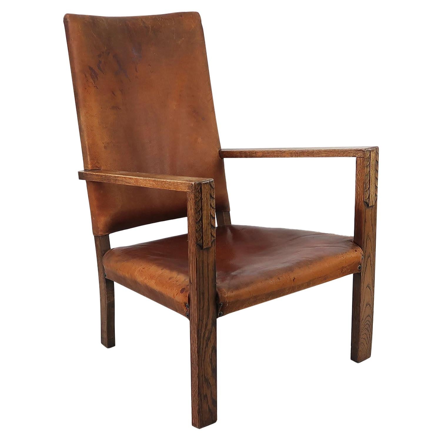 Antique Cotswold School Style Leather Lounge Chair. English. C.1920