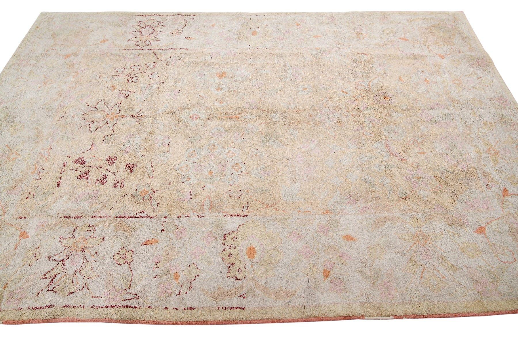 Annodato a mano Tappeto antico in cotone Agra Oushak Beige Rosa Geometrico Muted 1920 in vendita