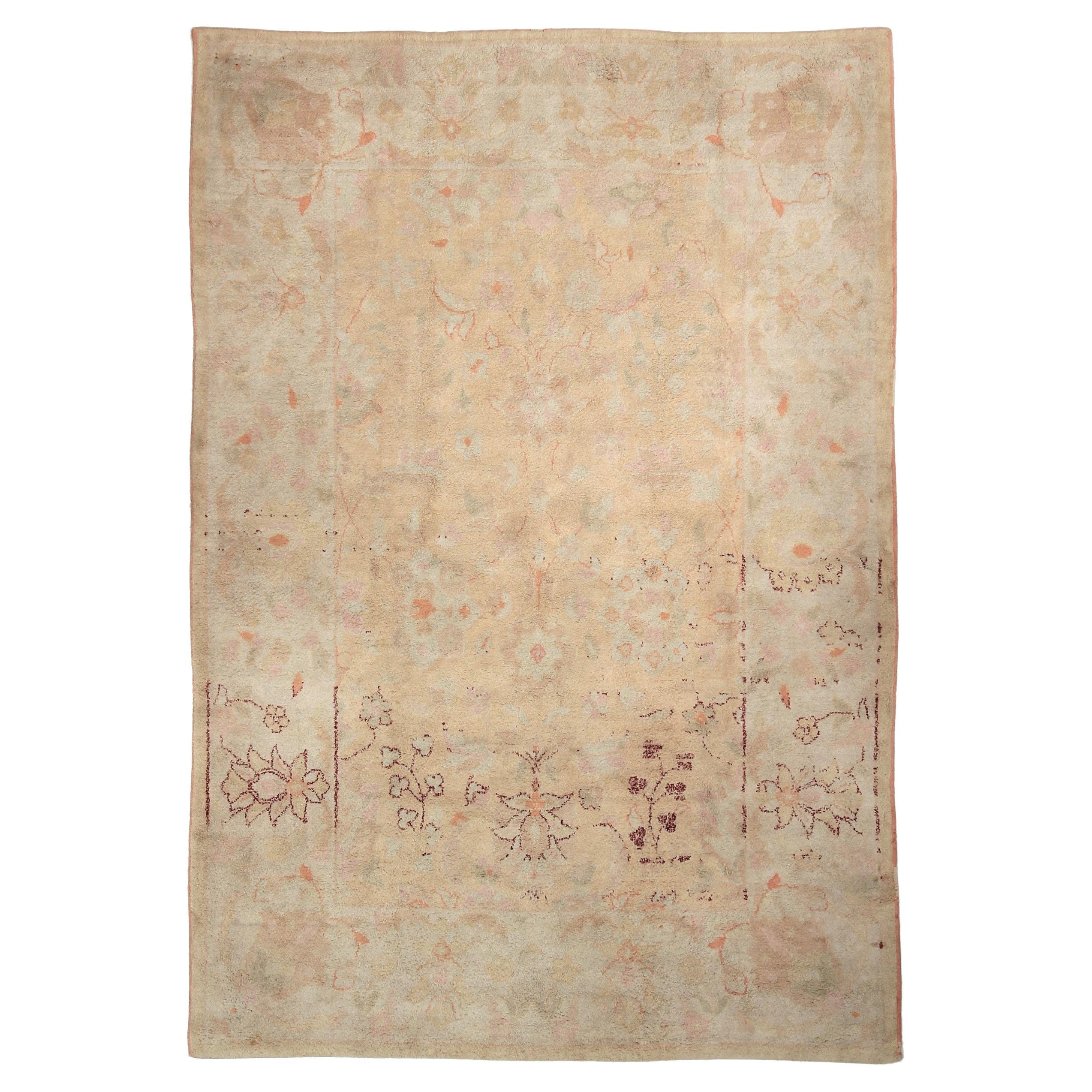 Antique Cotton Agra Oushak Rug Beige Pink Geometric Muted 1920
